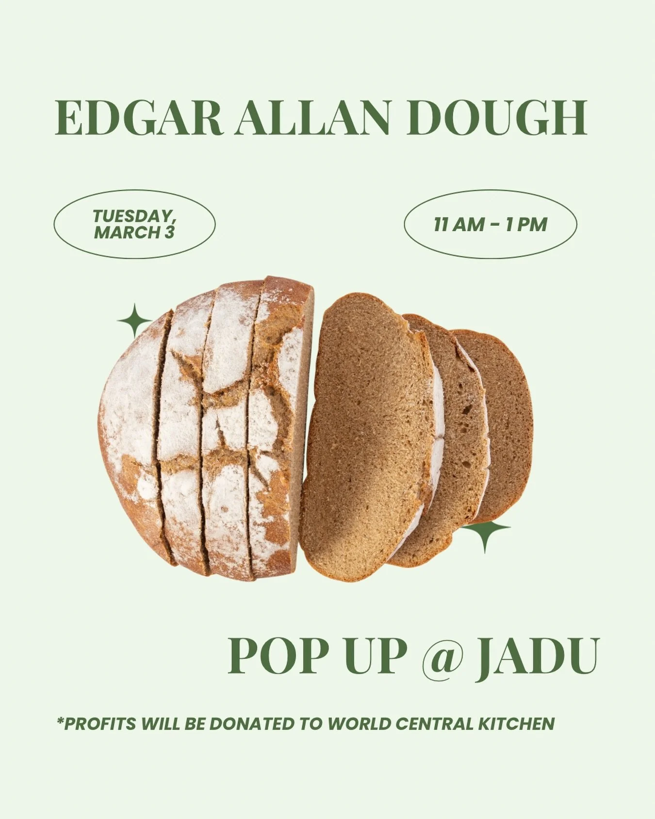 Y&rsquo;all know we love good sourdough. 

On Tuesday, March 3 we&rsquo;re hosting @edgarallandoughjp at Jadu for a sourdough bread pop up. They&rsquo;ll be selling 3 kinds of loaves, partially inspired by Jadu&rsquo;s menu! 

- Plain sourdough 
- Za
