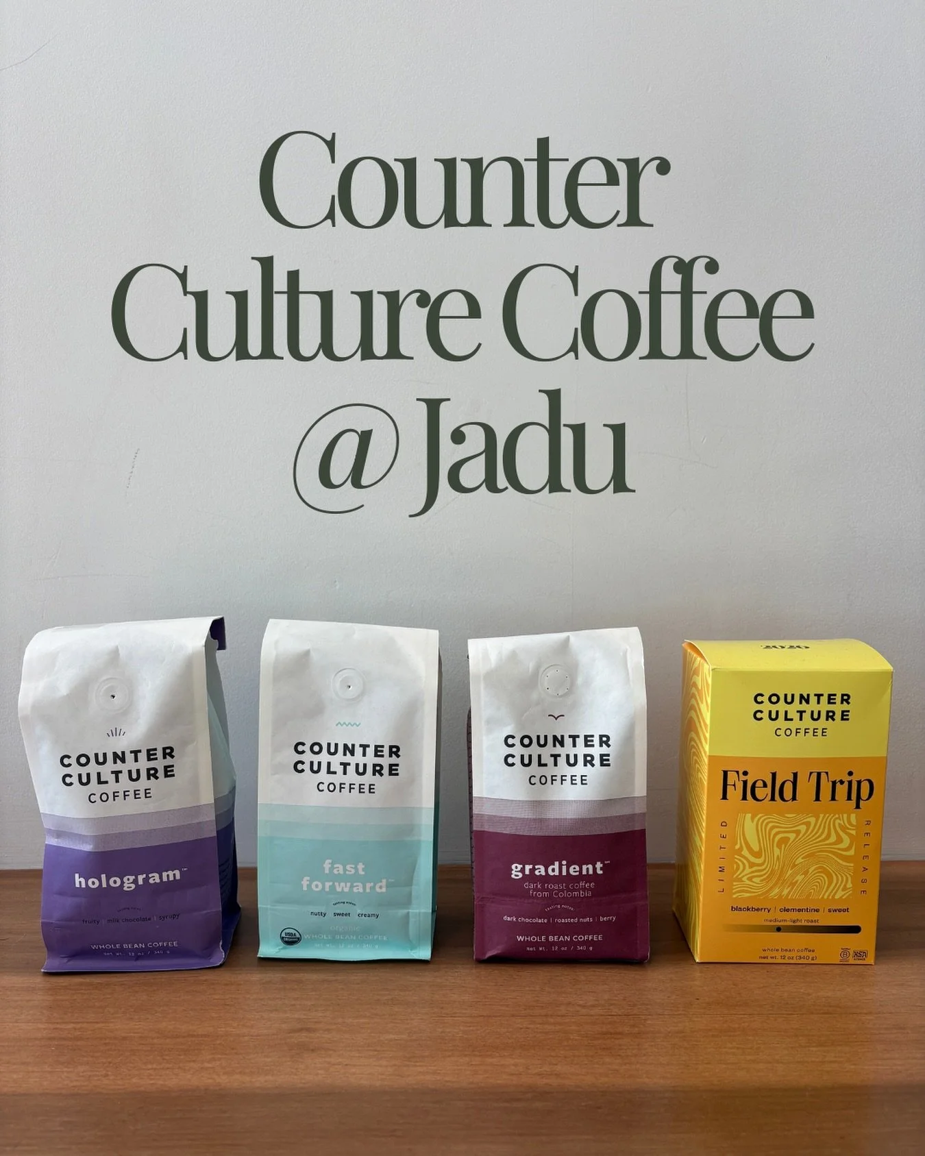 Did you know we sell Counter Culture coffee on our retail shelves? Here&rsquo;s our current lineup: 

🧊Hologram: if you&rsquo;ve had an espresso drink at Jadu then you&rsquo;ve had Hologram! To know her is to love her. She&rsquo;s a medium roast esp