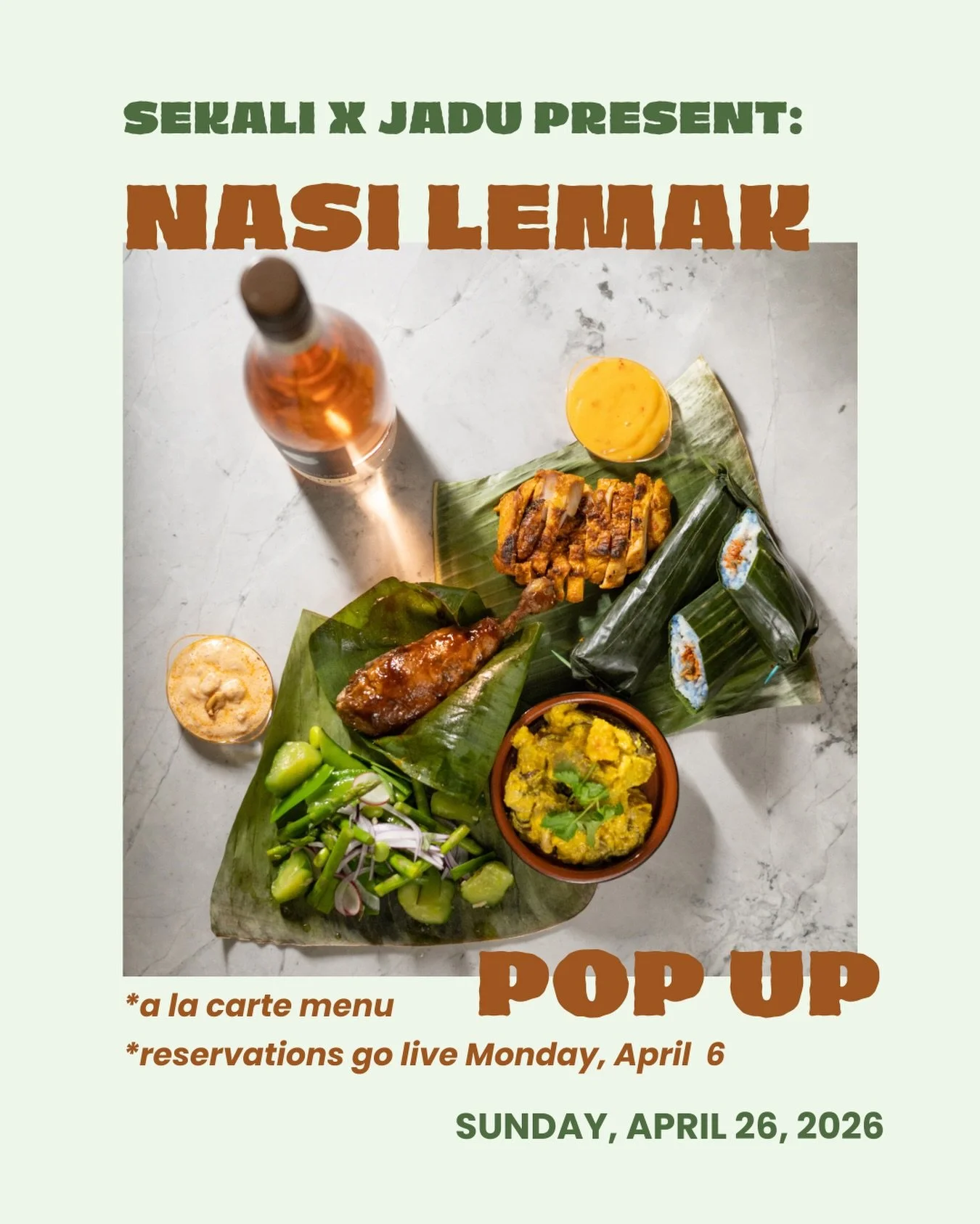 **SAVE THE DATE: SUNDAY, APRIL 26, 2026**

Sekali x Jadu present: A Nasi Lemak Pop Up

If you&rsquo;ve never had it before, nasi lemak is more than a dish &mdash; it is comfort, memory, and ritual. Fragrant coconut rice, sambal with just the right he
