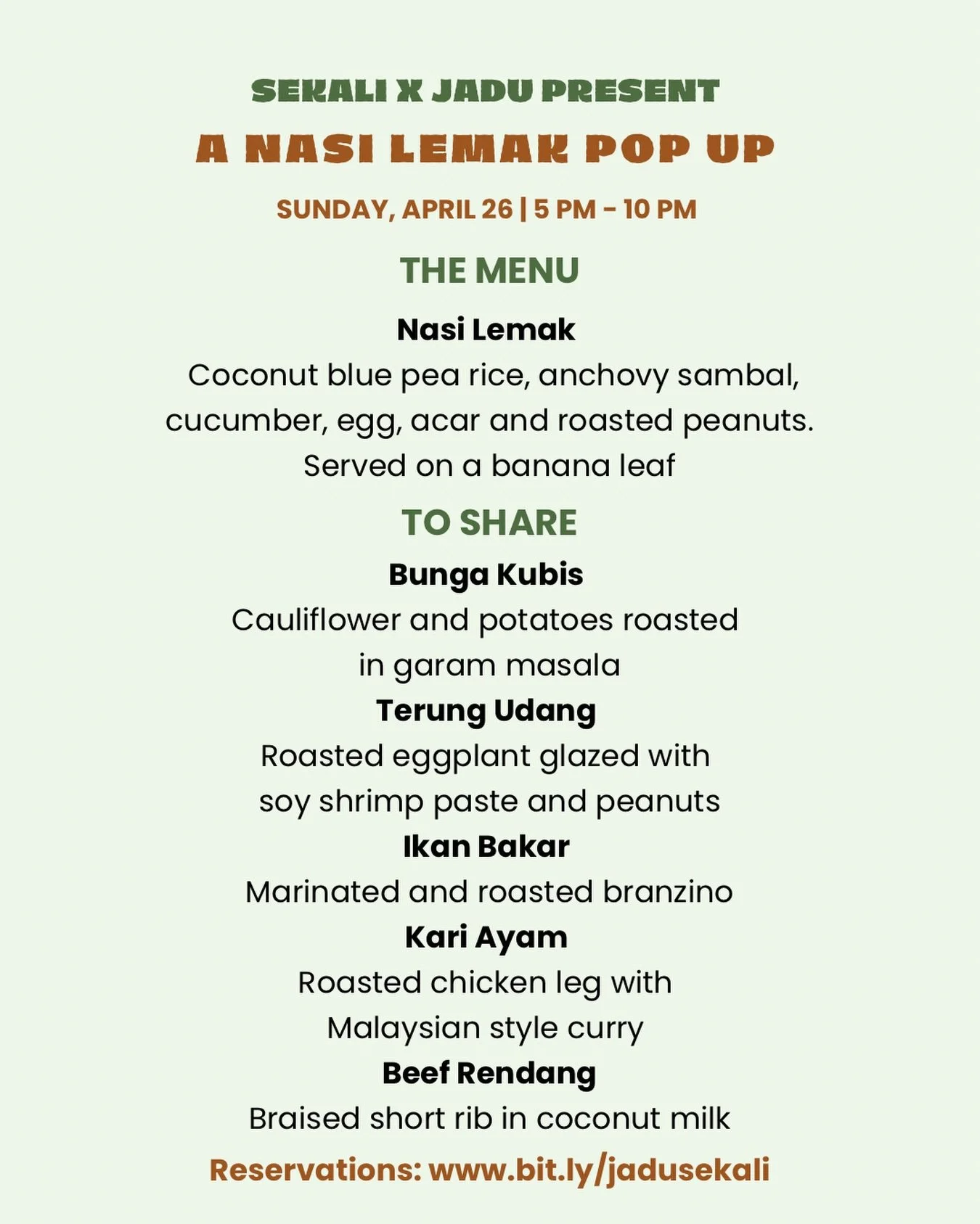 Arrite fam, reservations are LIVE for our Nasi Lemak pop up on Sunday, April 26th! 

Join us for an evening of mouthwatering Malaysian food, and thoughtfully paired wines, beer and NA beverages.

This food is meant to be shared so bring a buddy! Or f