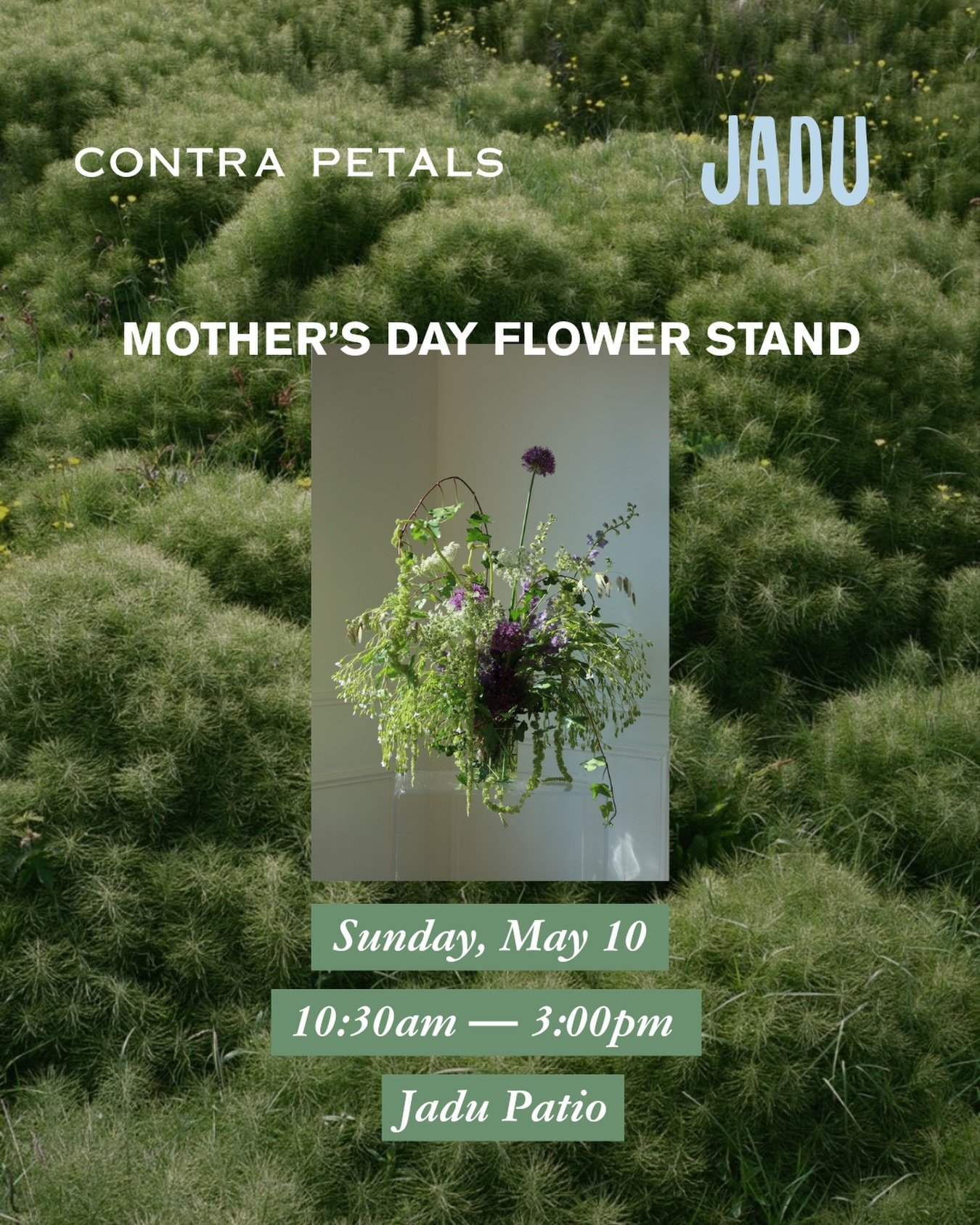 **Date Change Announcement **
Since it&rsquo;s supposed to rain on Saturday, the Mother&rsquo;s Day flower stand will now be ln Sunday, May 10 from 10:30-3 pm on the Jadu patio!