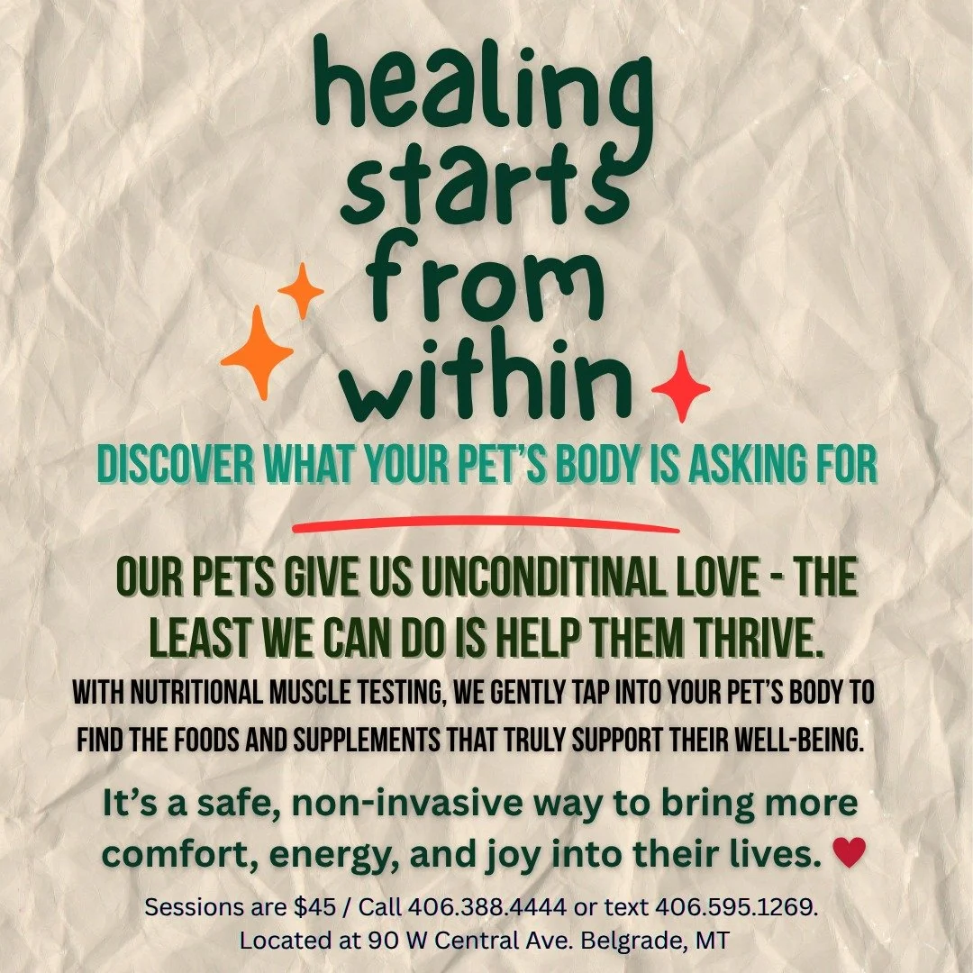 Contact me today: It’s a safe, non-invasive way to bring more
comfort, energy, and joy into their lives. ♥️
Sessions are $45 / Call 406.388.4444 or text 406.595.1269
Located at 90 W Central Ave. Belgrade, MT