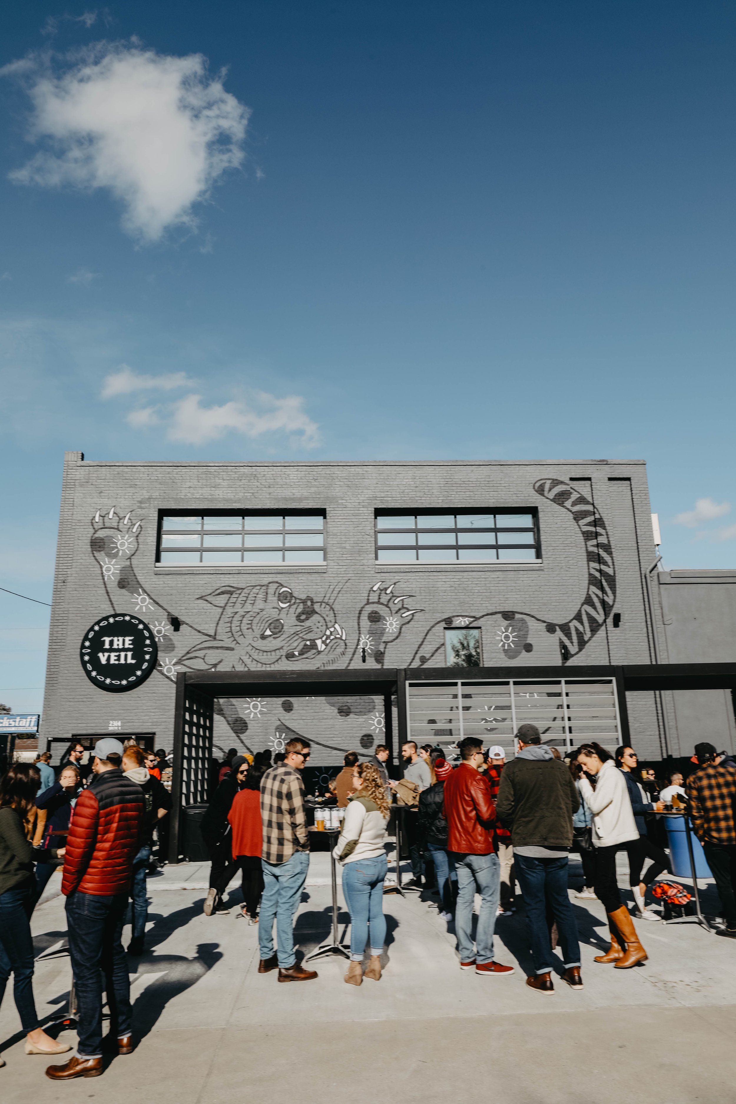Crowd of people waiting in line outside a building with a mural of a large cartoon crab on the wall and a sign that says "THE VEIL".
