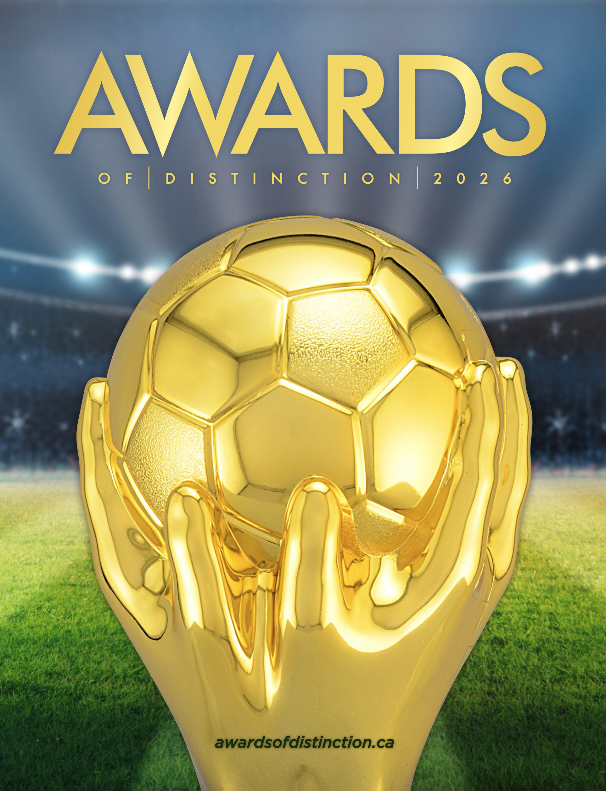 The 2026 Awards of Distinction dot Ca Catalogue shows  a soccer statdium in the background with a golden trophy made of two hands and a soccer ball.