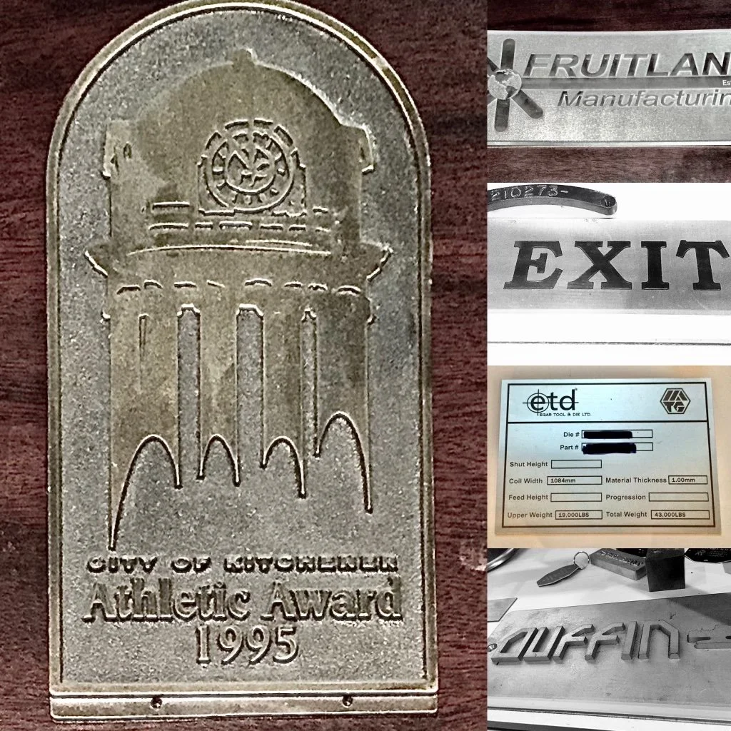 an assortment of stainless steel, cast iron, aluminum industrial engraving jobs