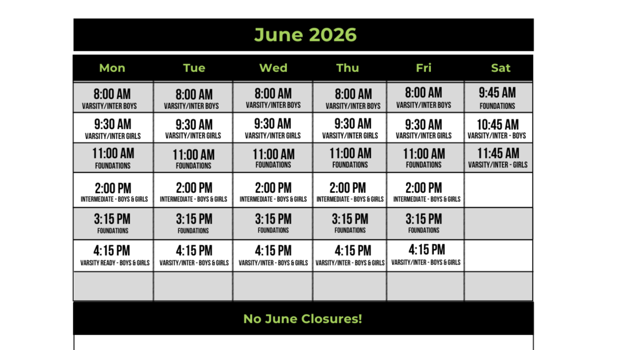 Summer '26 Training Camp Schedule