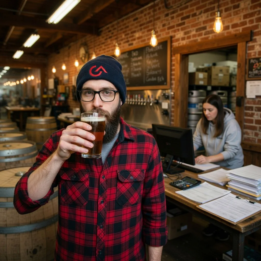 Photo of a man drinking a craft beer with a red plaid shirt on in glasses and a beanie with G&A logo on it