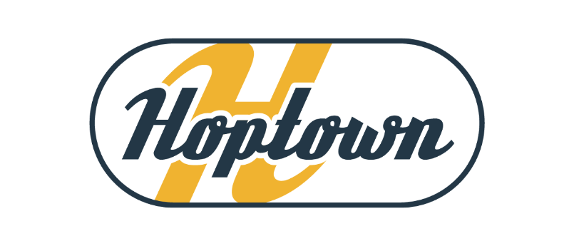Hoptown logo in yellow and blue text with an "H" in the background