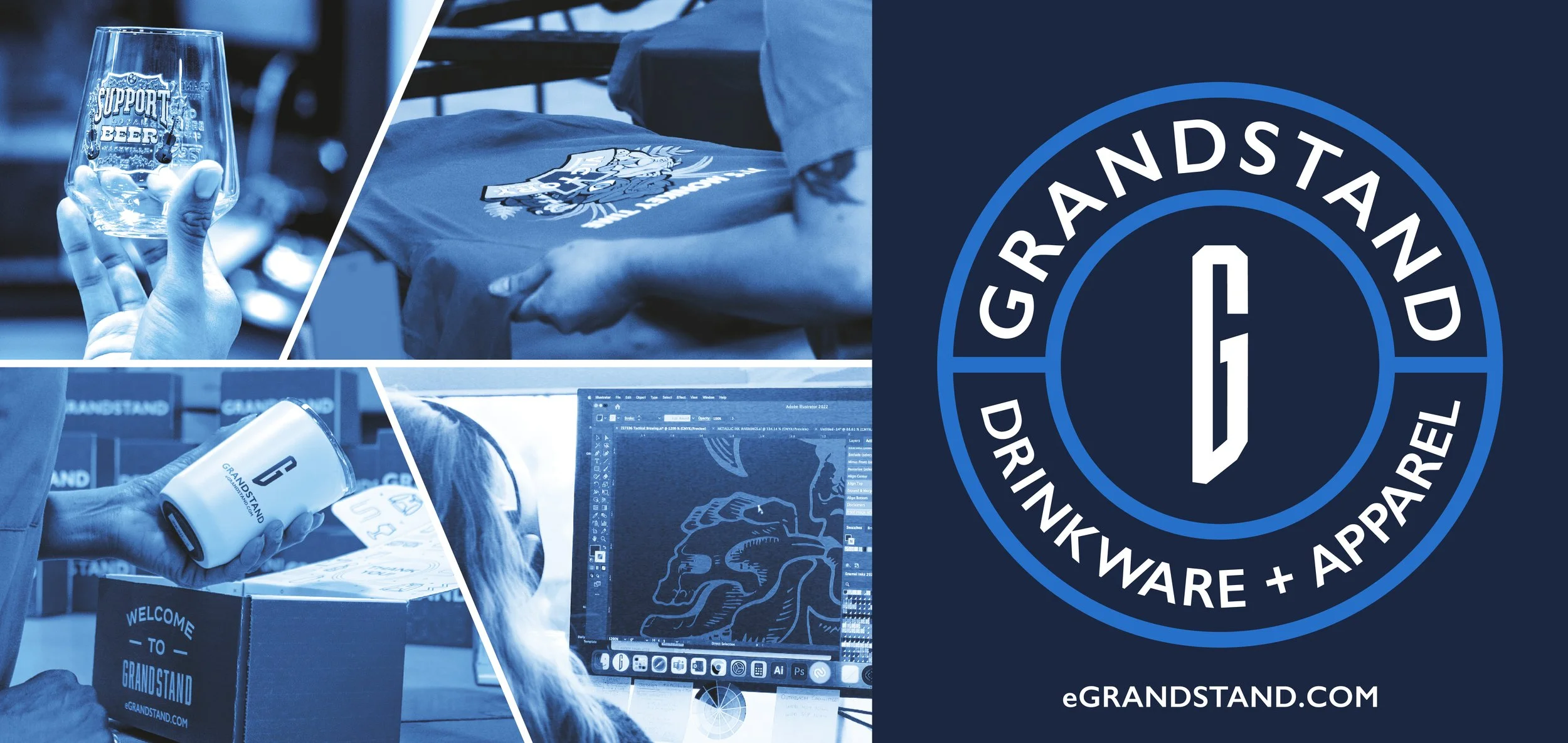 Blue banner with Grandstand images