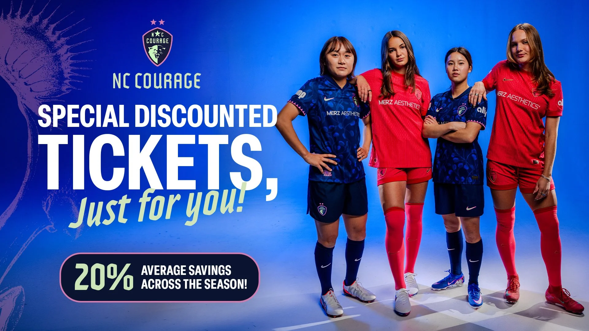 Carolina Courage ticket promo image, blue background, girls in soccer uniforms