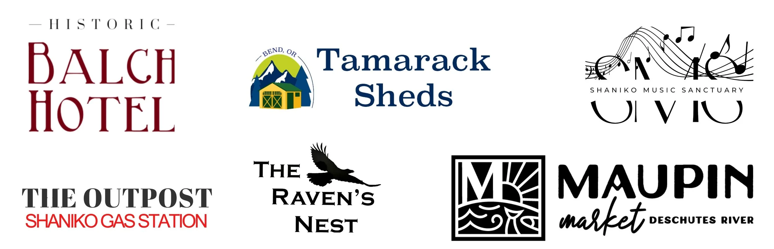 Collection of logos for various businesses including Balch Hotel, Tamarack Sheds, Shaniko Music Sanctuary, The Outpost Shaniko Gas Station, The Raven's Nest, Maupin Market, and a mountain lodge.