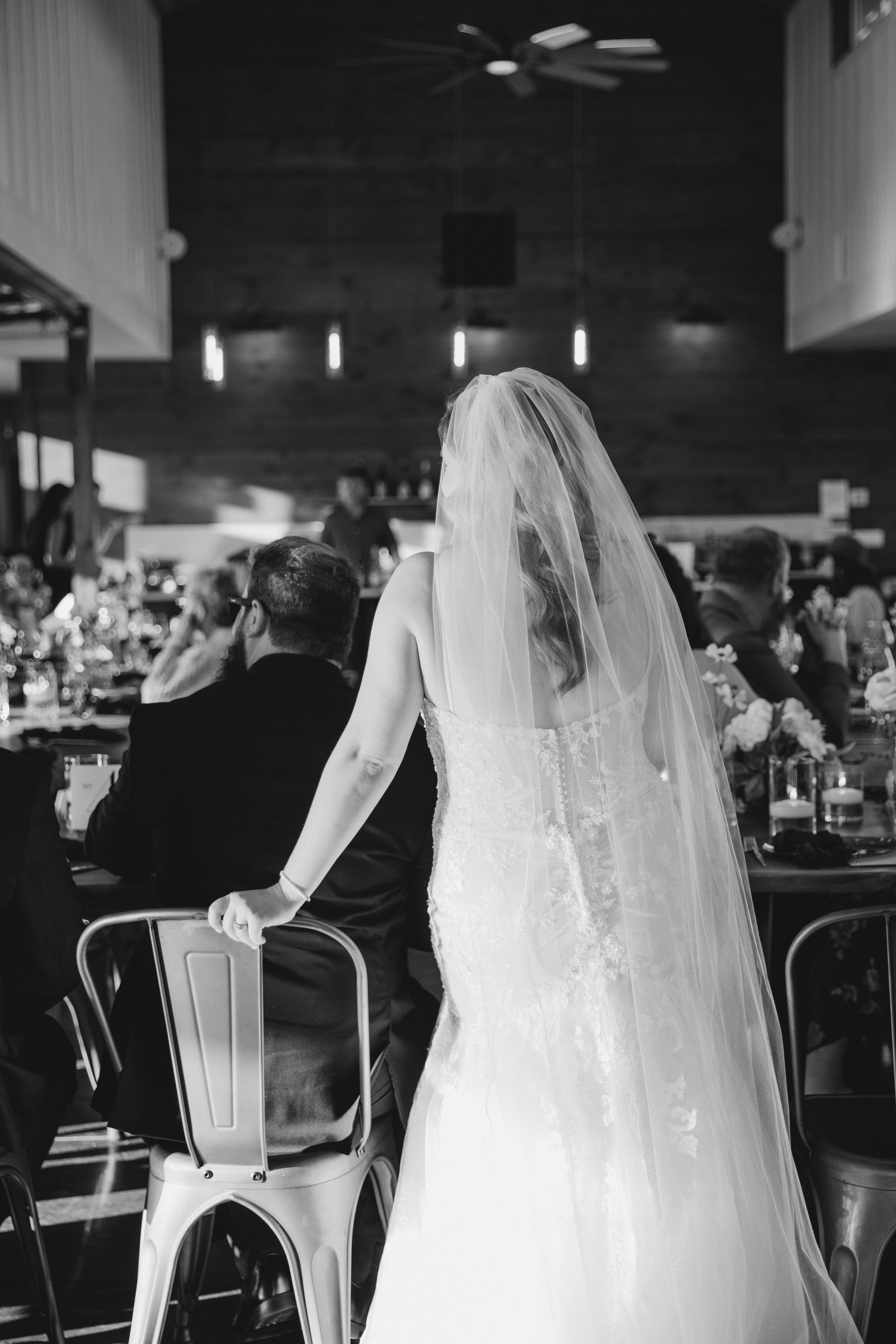 Bride in wedding dress and veil at reception