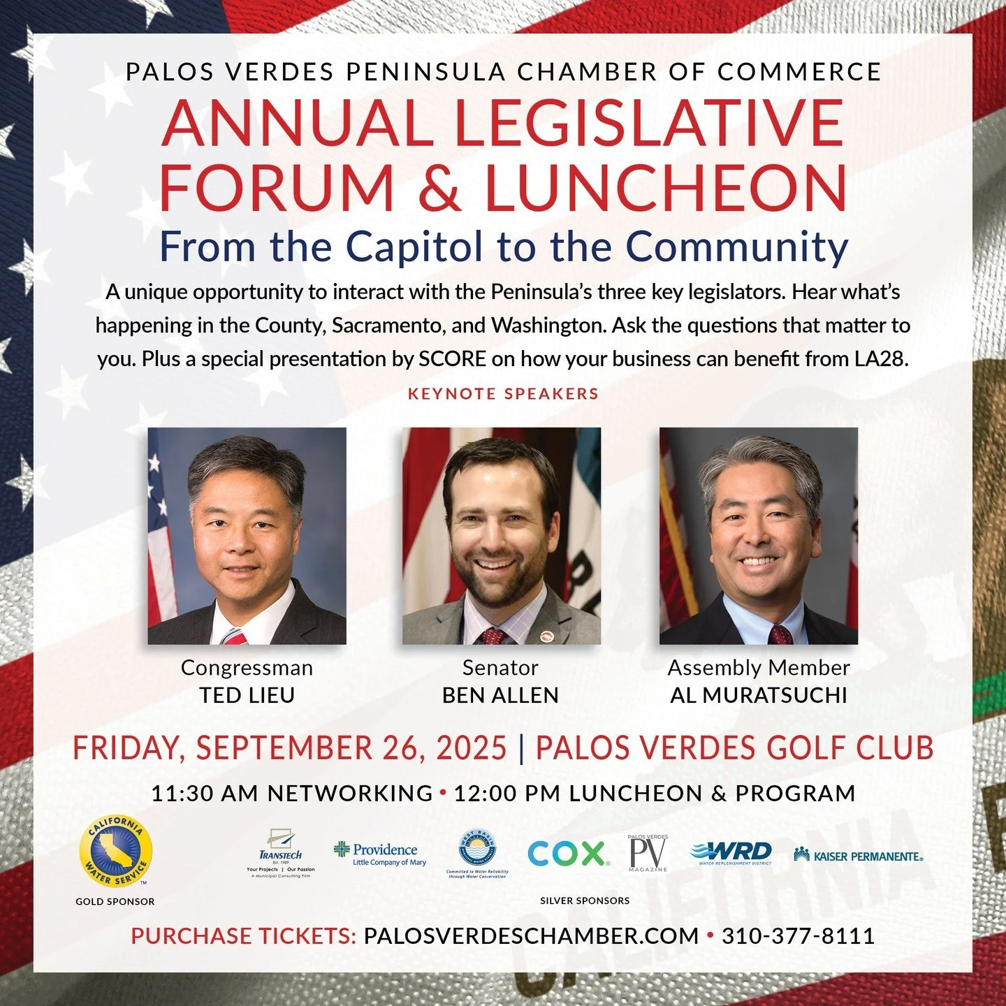 LAST CHANCE - ANNUAL LEGISLATIVE FORUM &amp; LUNCHEON 
Ticket sales close Friday!

Join us for this unique chance to engage directly with some of the Peninsula&rsquo;s key legislators&mdash;all in one place! Gain valuable insights into what&rsquo;s h