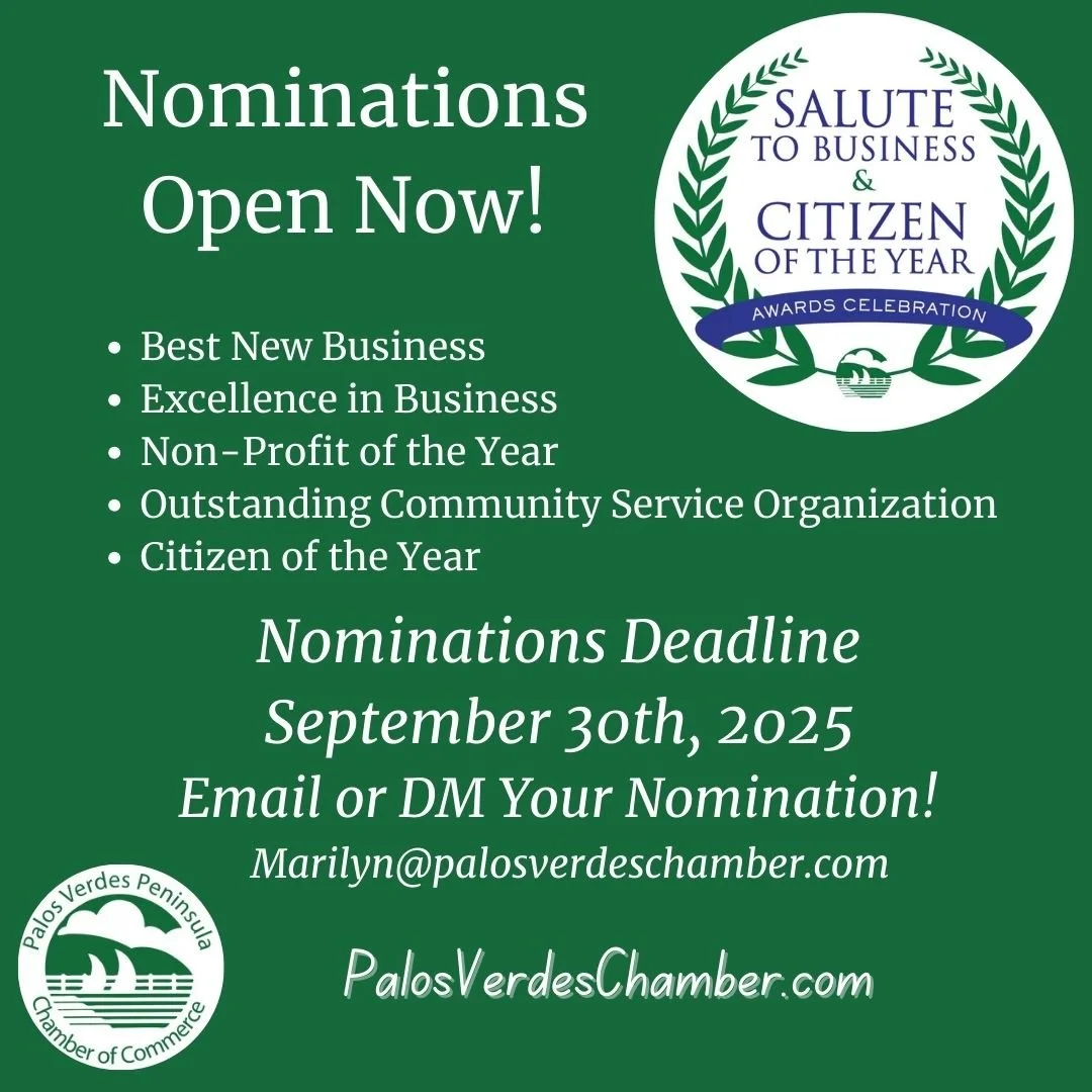 Salute to Business - Nominations are open for the prestigious awards in various categories in the following survey. We invite you to participate. Response due by September 30. Thank you! Send your nominations to marilyn@palosverdeschamber.com 

Excel
