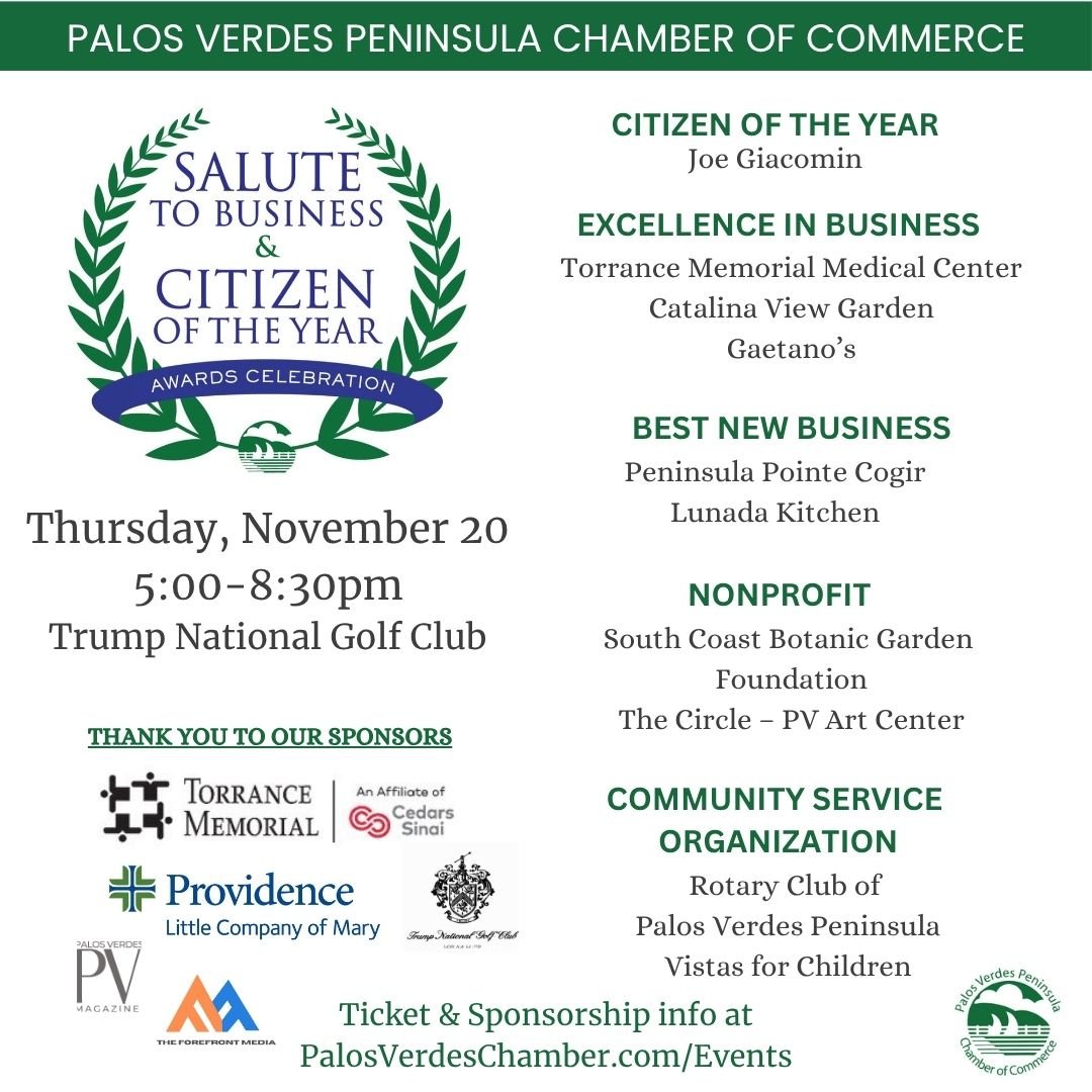 Meet all the 2025 honorees - From Citizen of the Year Joe Giacomin to our standout businesses and nonprofits, this year&rsquo;s honorees represent PV at its finest. Be there on Nov 20! 

Salute to Business &amp; Citizen of the Year
Thursday, November