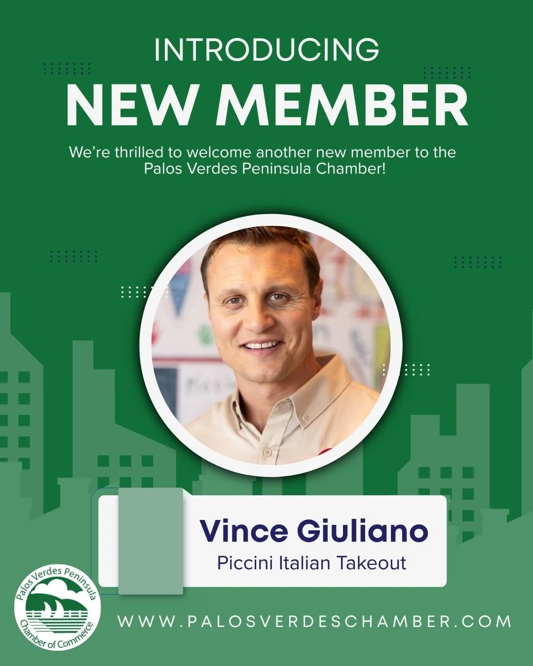 Welcome Vince Giuliano of Piccini Italian Takeout to the Palos Verdes Peninsula Chamber of Commerce.
Vince shared with the chamber that building on his family&rsquo;s tradition of serving Italian food with love, he realized in 2020 there were no good