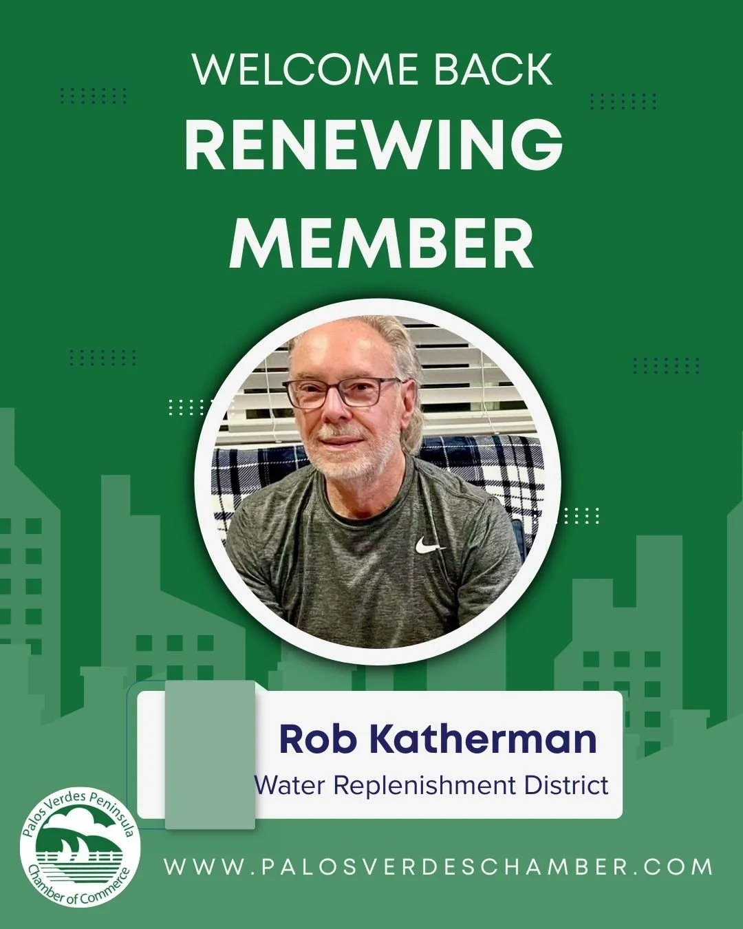 Congratulations Anniversary Member Rob Katherman of the Water Replenishment District (WRD) for being a Palos Verdes Peninsula Chamber of Commerce member for 15 years! 

Rob shared with the Chamber that he is an elected Board Member for WRD and explai