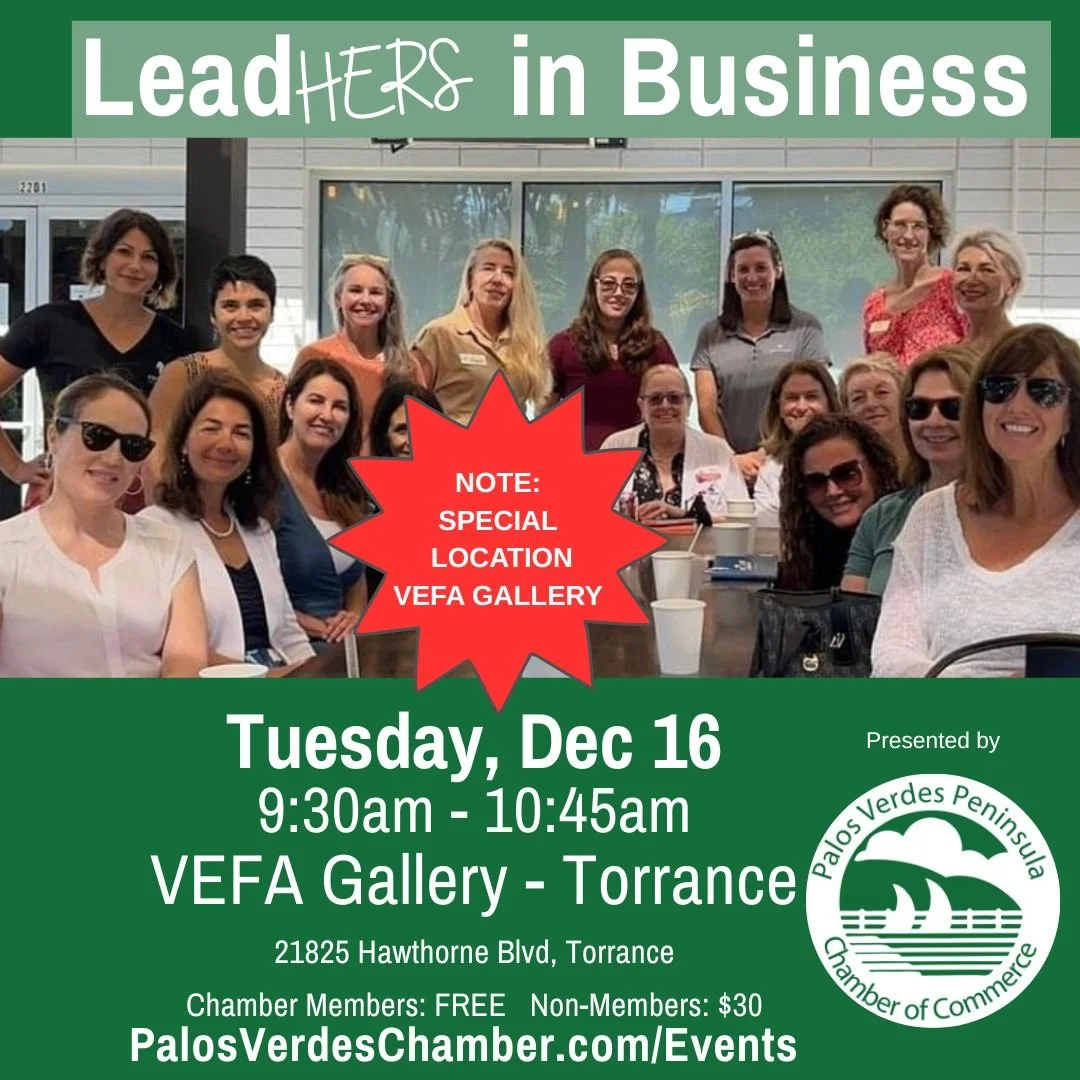 Last LeadHERs of 2025! Come connect with other amazing women!
NOTE: Special location at VEFA Gallery in Torrance
Bring a treat to share!
Open to all women in business!
Register here: https://loom.ly/01onOFU
