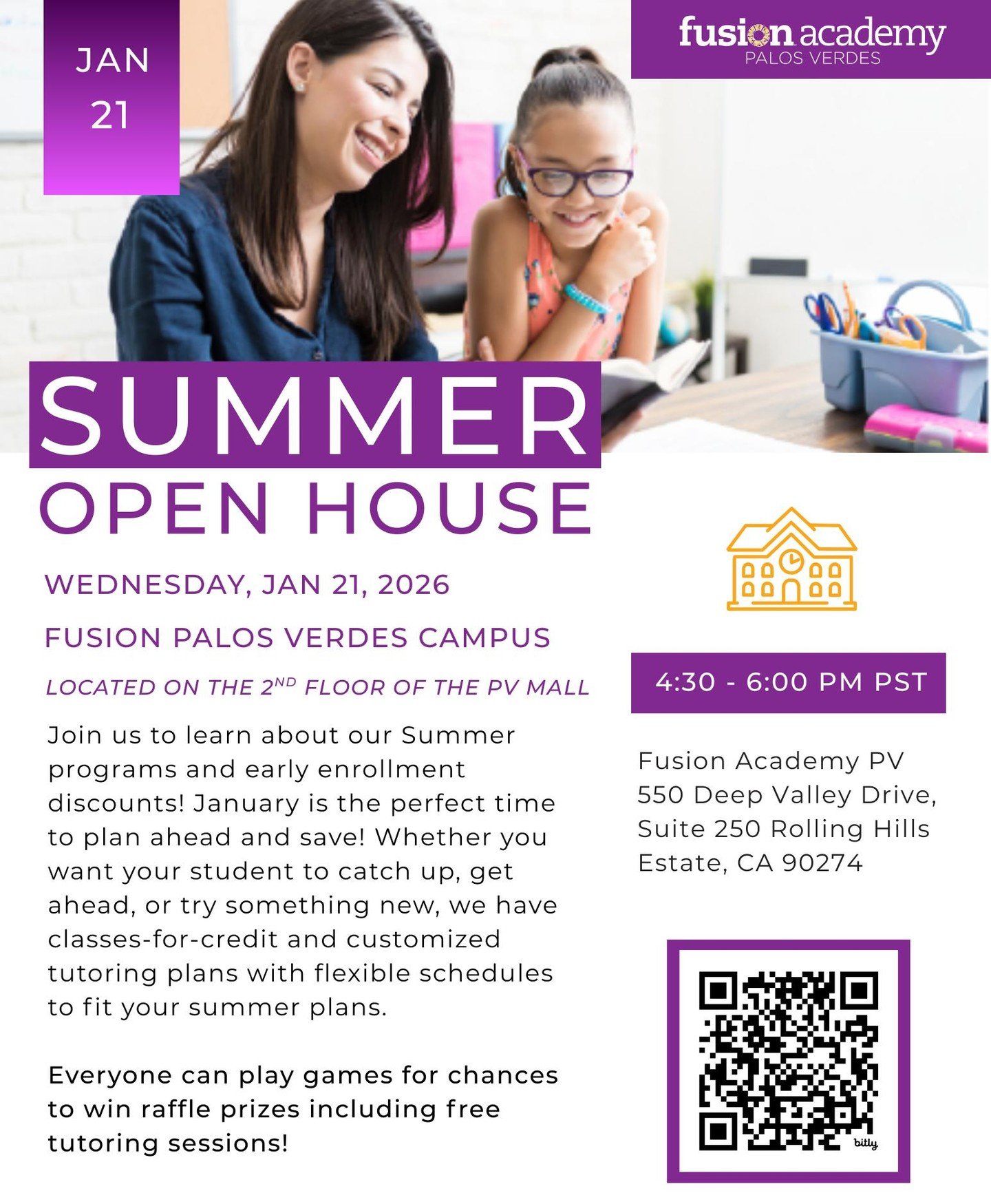 Fusion Academy Palos Verdes invites you to a Summer Open House on Wednesday, January 21 from 4:30&ndash;6:00 PM. @fusionacademy_pv

Learn more about academic summer camps for students in 4th-12th grade, small group instruction, and course-for-credit.