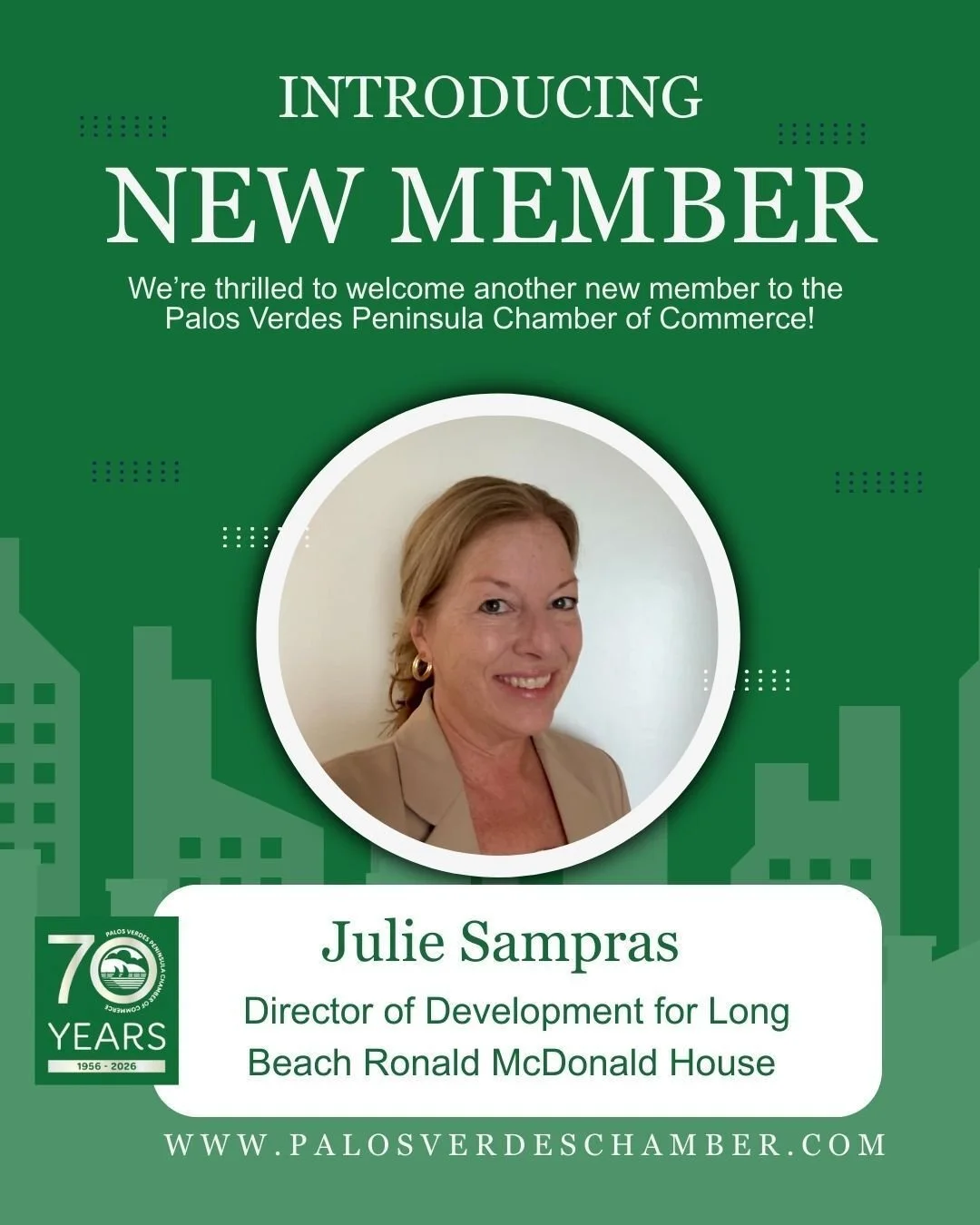 Palos Verdes Peninsula Chamber of Commerce welcomes Julie Sampras Director of Development for Long Beach Ronald McDonald House. They provide a home-away-from-home for families with critically ill children receiving medical care in Long Beach and Sout