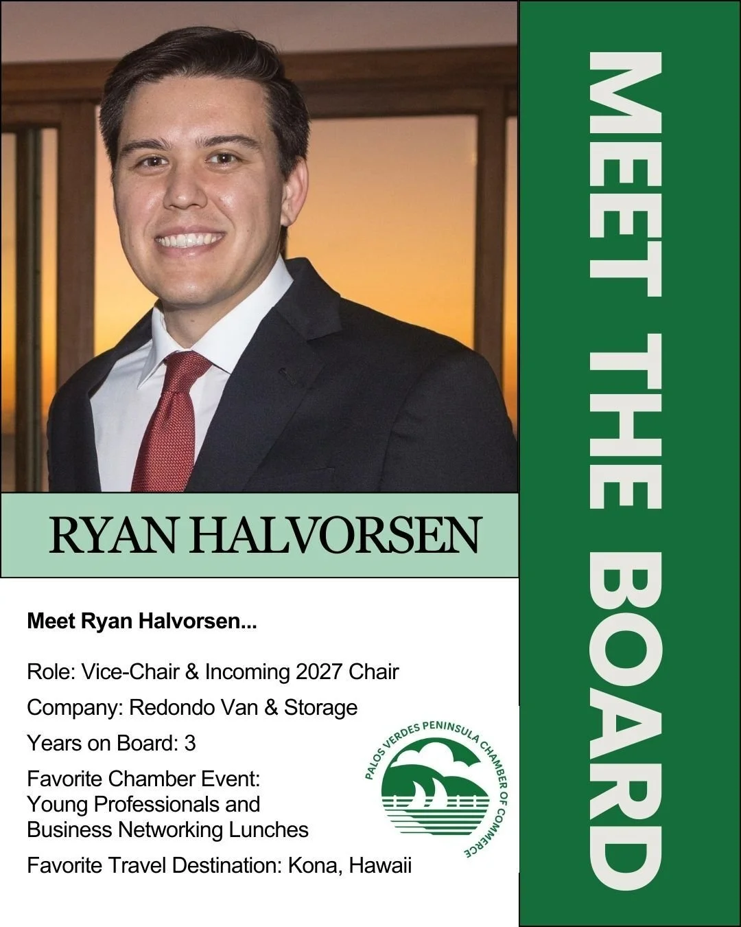 Meet Ryan Halvorsen of @redondovanandstorageinc . He serves as Vice-Chair and Incoming 2027 Chair of the Palos Verdes Peninsula Chamber of Commerce and has been an active member of the board for the past three years. He brings his leadership experien