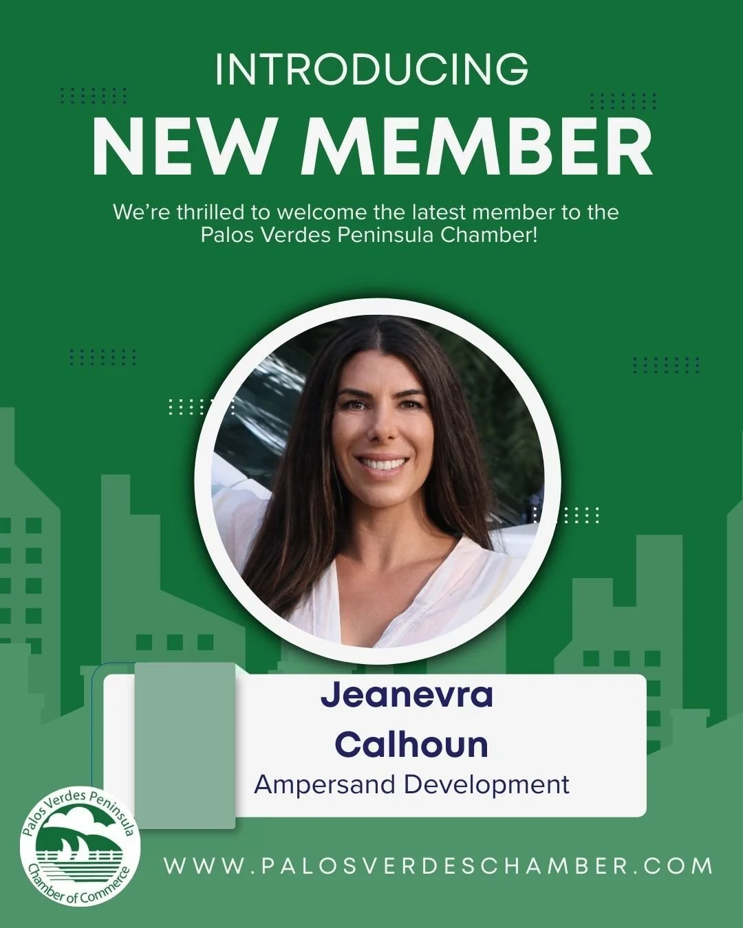 NEW MEMBER ALERT! Welcome Jeanevra Calhoun, owner of Ampersand Development, a high-end residential construction company exclusively serving the South Bay. Ampersand Development offers comprehensive design-build services, customizing a dedicated team 