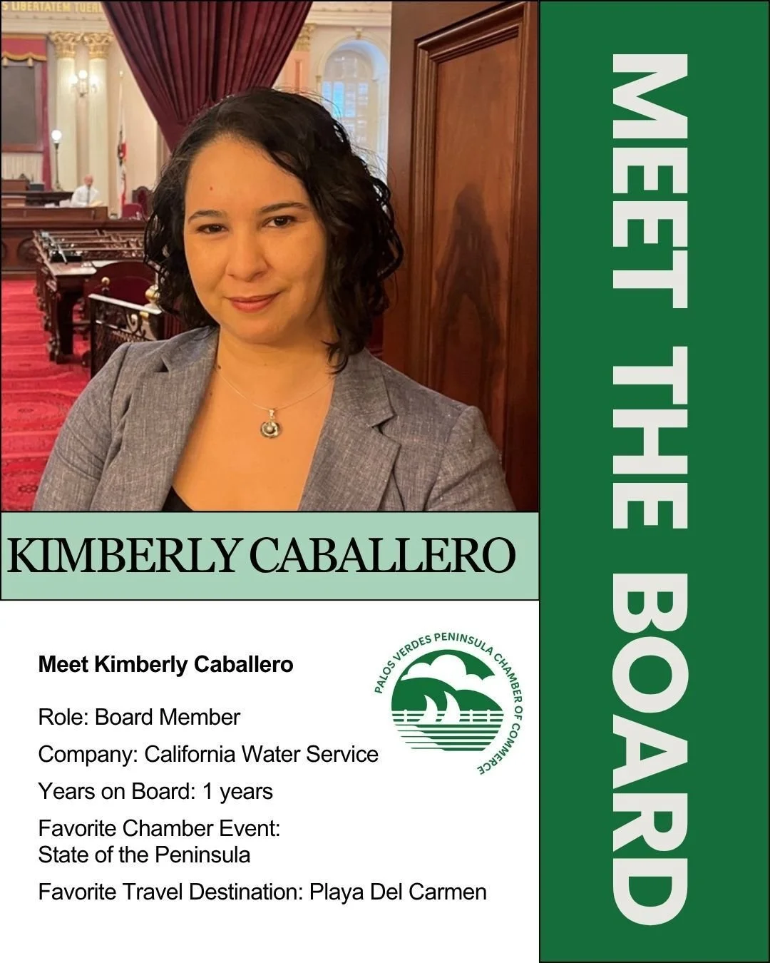 Meet Board Member Kimberly Caballero! She has been an active member for 1 year. She brings her leadership experience from the California Water Service, where she serves as Regional Public Affairs Program Manager. Kimberly is a big supporter regarding