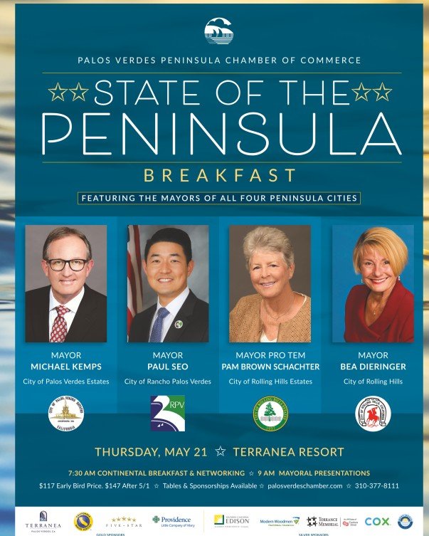 EARLY BIRD PRICING ends May 1st at 5pm!

Join us for networking, connection, an expansive continental-style breakfast, and an informative presentation at the beautiful Terranea Resort featuring the four Mayors of the Palos Verdes Peninsula: Palos Ver