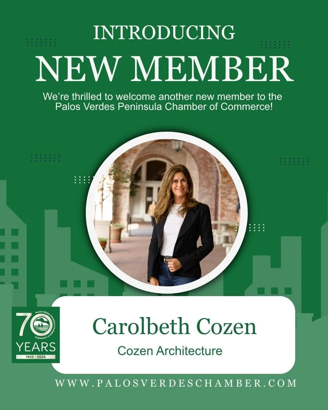 NEW MEMBER ALERT! Please join us in welcoming our newest member to the Palos Verdes Peninsula Chamber of Commerce, Carolbeth Cozen of Cozen Architecture!

With more than 35 years of experience, Carolbeth leads an architecture studio specializing in c