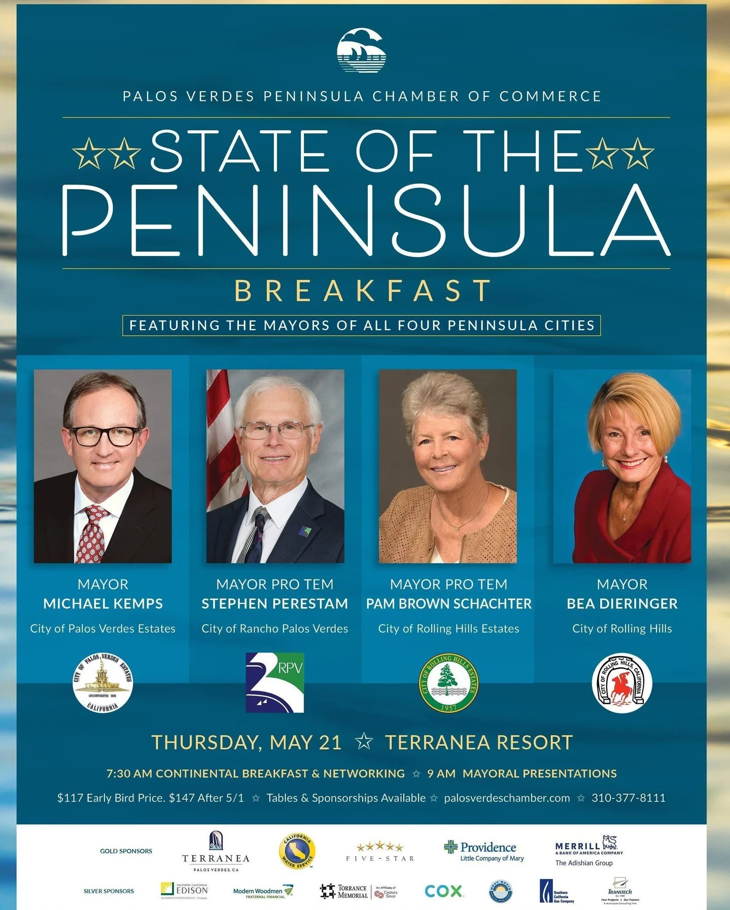 REMINDER: Doors close and ticket sales end on Monday 5/11 at 11 am, or once we are sold out. 
Don't miss the 2026 State of the Peninsula Breakfast.
Thursday, May 21st at Terranea
Get your seat here: https://business.palosverdeschamber.com/events/deta
