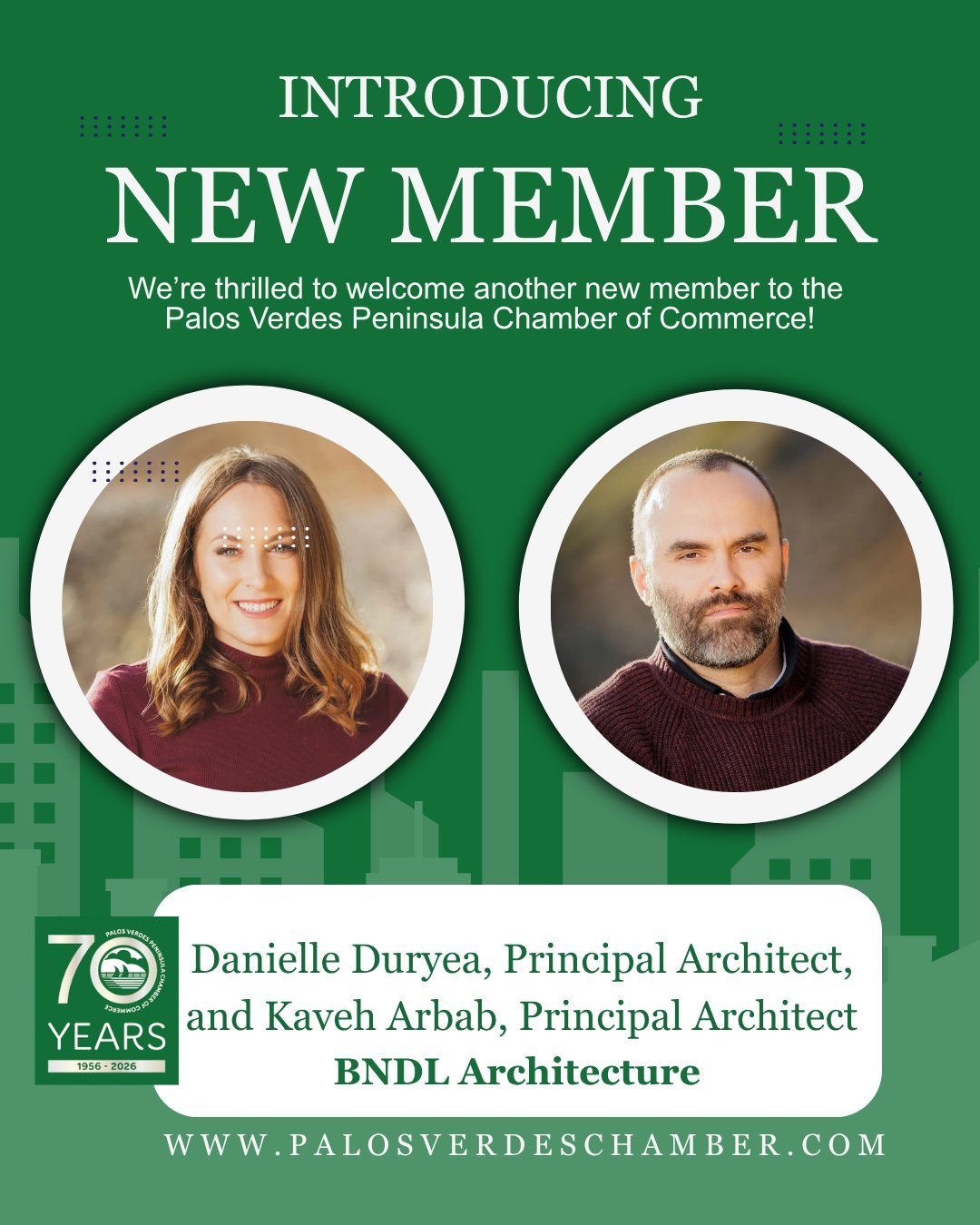 Please join us in welcoming Danielle Duryea, Principal Architect, and Kaveh Arbab, Principal Architect, to the Palos Verdes Peninsula Chamber of Commerce!

Danielle and Kaveh are owners of BNDL Architecture, an architecture and interior design studio