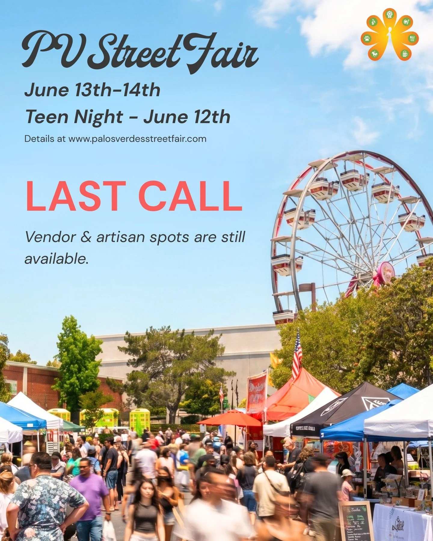 ⏰ LAST CALL FOR VENDORS ⏰

A limited number of vendor and artisan spots are still available at the 38th Annual PV Street Fair &amp; Music Festival &mdash; and we'd love to have you!

Join us June 13 &amp; 14 in Rolling Hills Estates in front of 10,00
