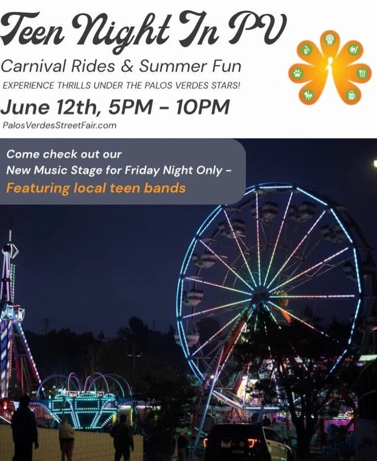 Teen Night Calling all teens 
Your night is FRIDAY NIGHT. 🎸 Teen Night at the PV Street Fair is Friday, June 12 from 5&ndash;10pm and this year we have something brand new: live music performed by local teen bands. Plus carnival rides, food, and a w