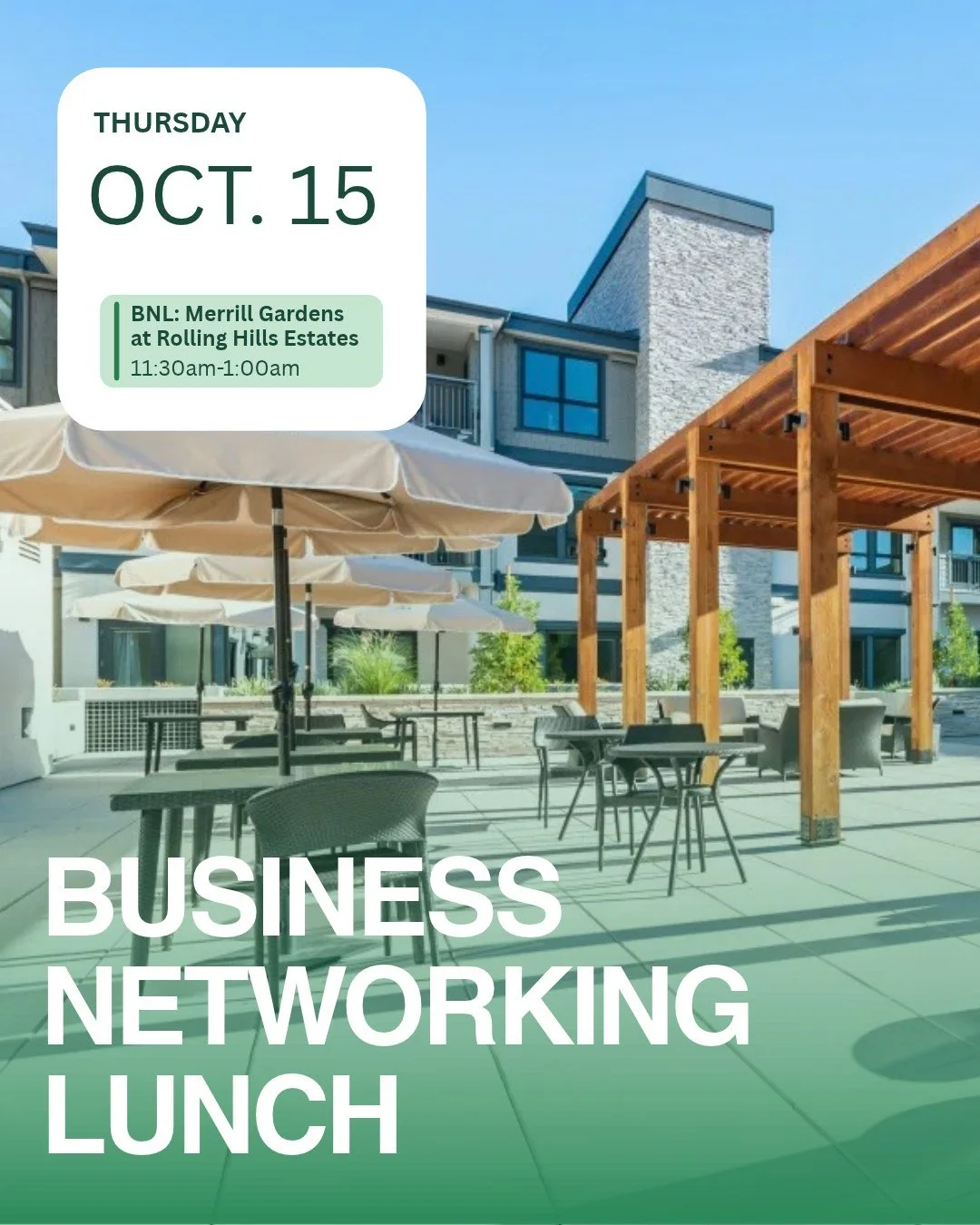 Last call for lunch! 🍽️ Register BY Wednesday morning to grab your spot! Join us on the beautiful outdoor patio at Merrill Gardens for power networking, member and guest introductions, and special recognition of new members and member anniversaries.