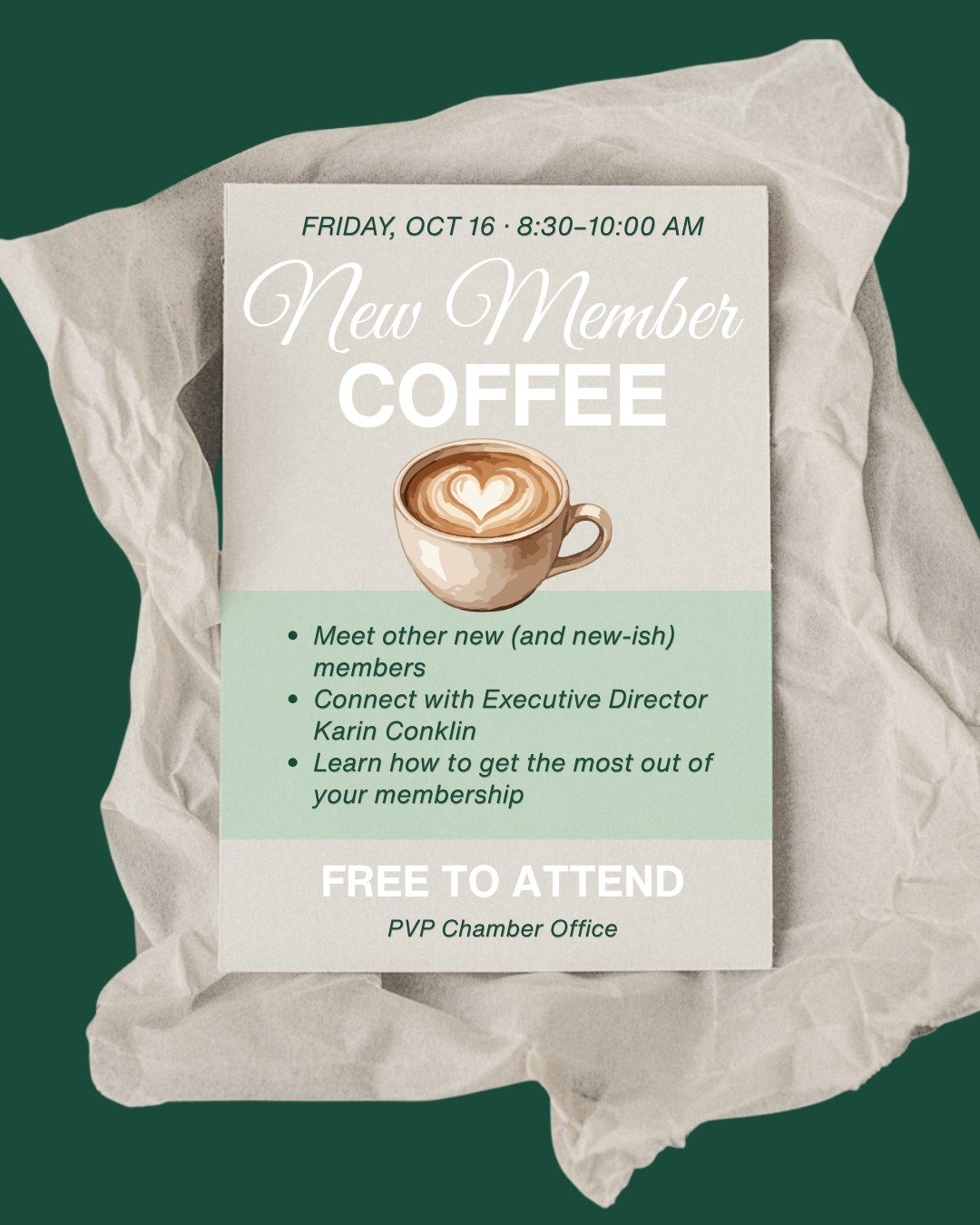 New to the Chamber, or new-ish and still figuring out where to plug in? ☕ This one&rsquo;s for you.

Join us this Friday for New Member Coffee: meet fellow members, chat with Executive Director Karin Conklin, and learn how to get the most out of your