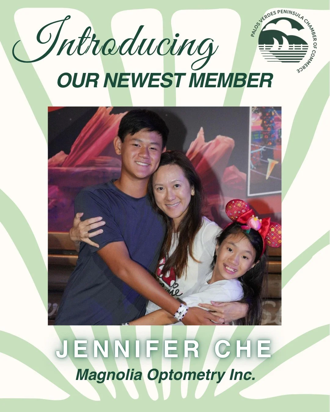 Meet our newest member! Jennifer Che of Magnolia Optometry Inc. brings patient-focused eye care to Palos Verdes Estates, from routine exams and contact lenses to myopia control for kids, dry-eye management, low-vision consultations, medical eye care 