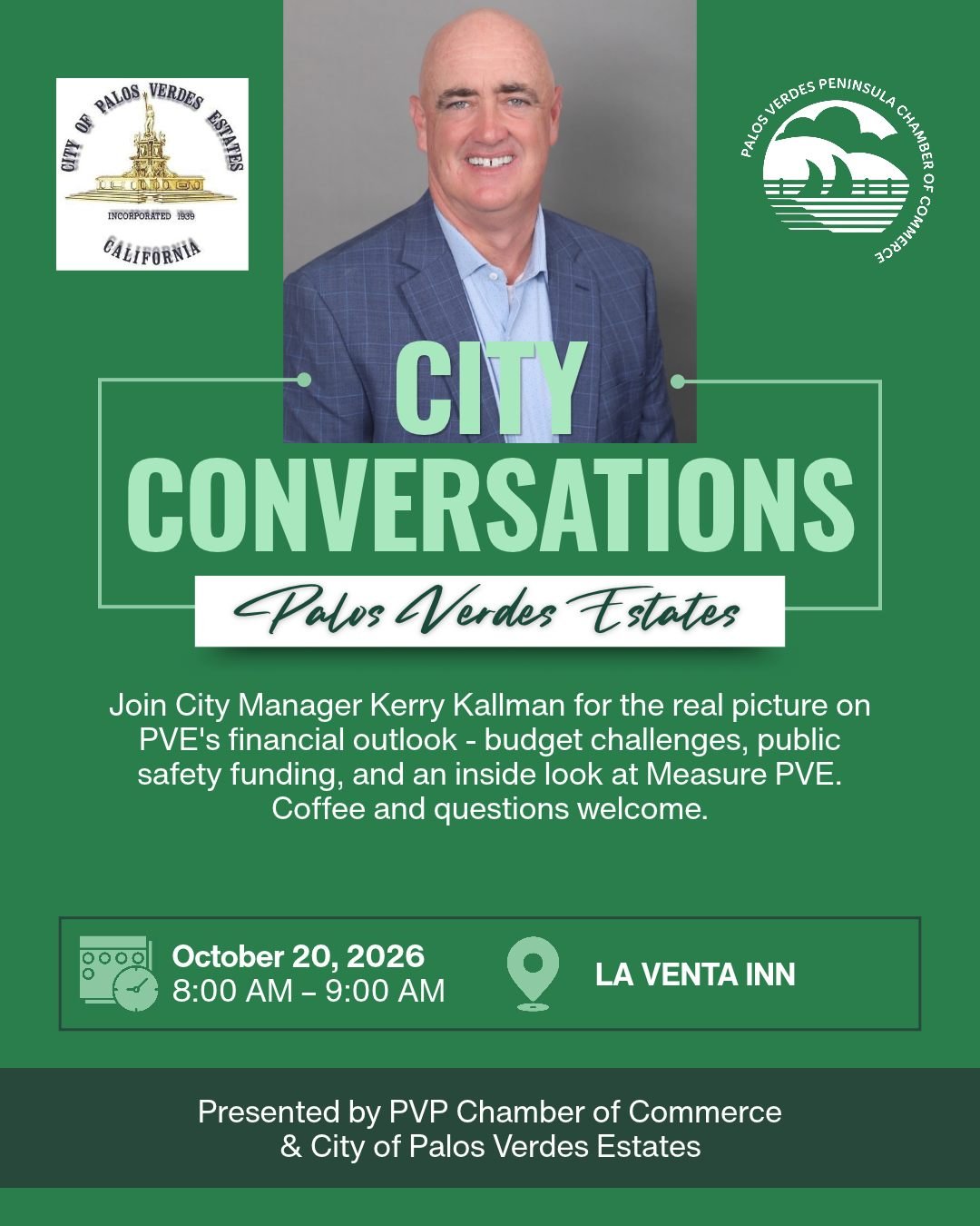 Tomorrow morning, join us for City Conversations: The PVE Edition. ☕

City Manager Kerry Kallman will share an update on the financial outlook for Palos Verdes Estates, including the budget, public safety funding and the work underway to strengthen c