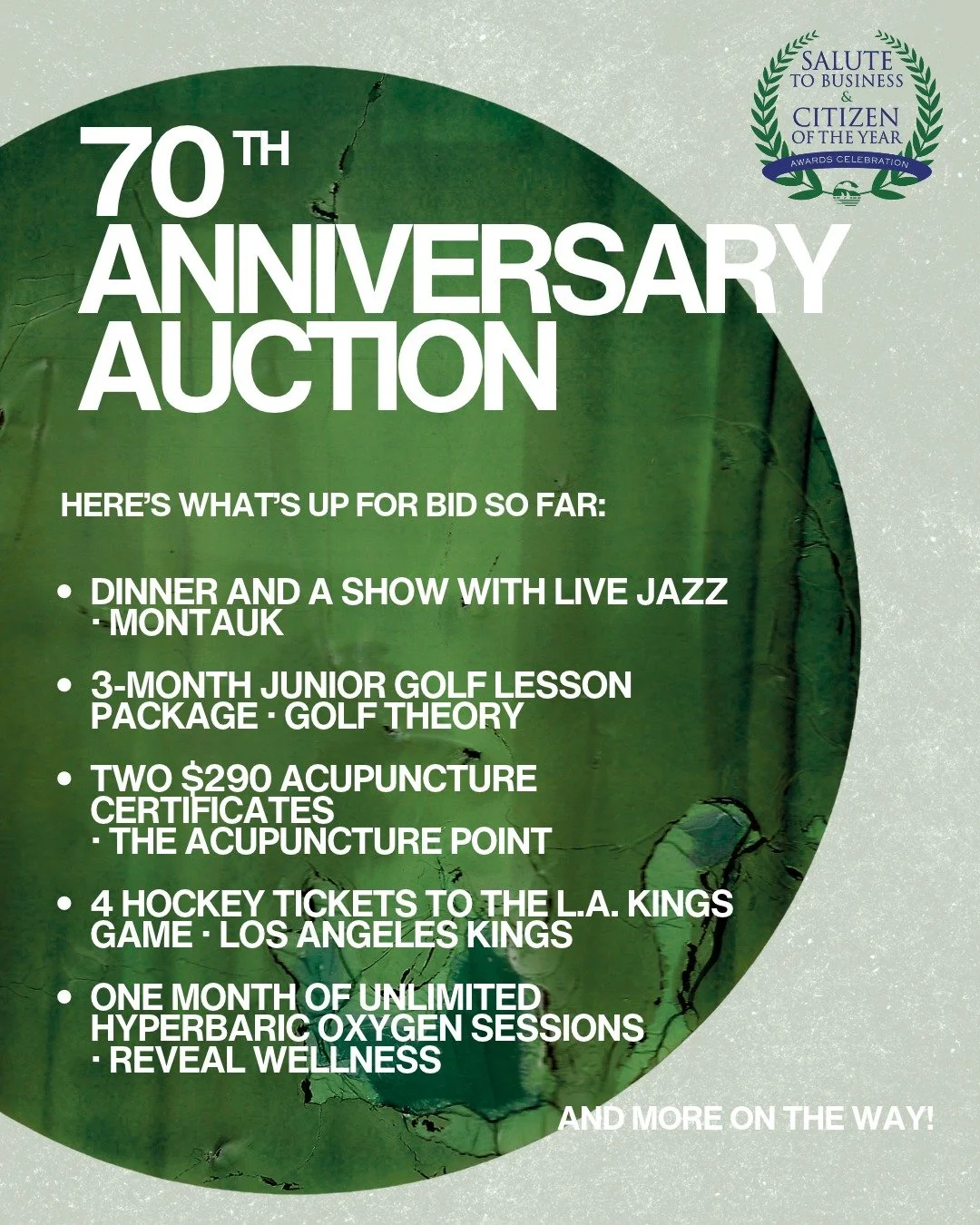 We&rsquo;re still looking for a few more experiences for the 70th Anniversary Auction! 🎁

If your business would like to donate an item, contact Karin at karin@palosverdeschamber.com or (310) 377-8111. The auction takes place at the Salute to Busine