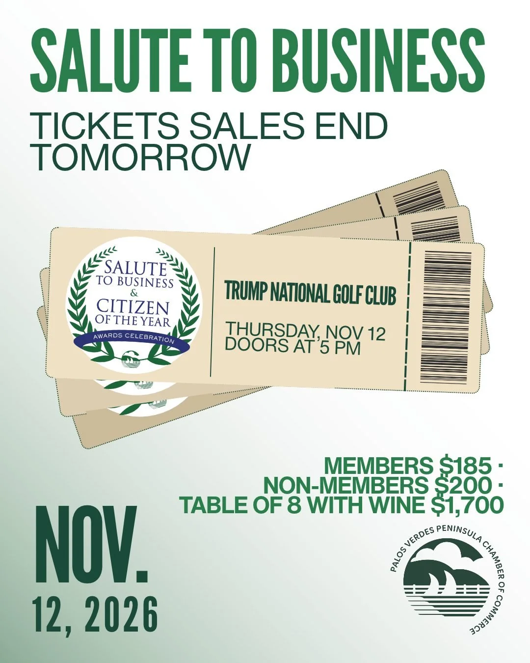 LAST CALL! Ticket sales for the 2026 Salute to Business &amp; Citizen of the Year Awards end tomorrow ⏰

Join us Thursday, Nov 12 at Trump National Golf Club to celebrate this year&rsquo;s honorees: Dee Keese @pvp4h , Terranea Resort @terranearesort 