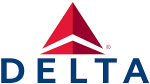 Delta Airlines logo featuring a red triangular symbol above the word 'DELTA' in blue capital letters.