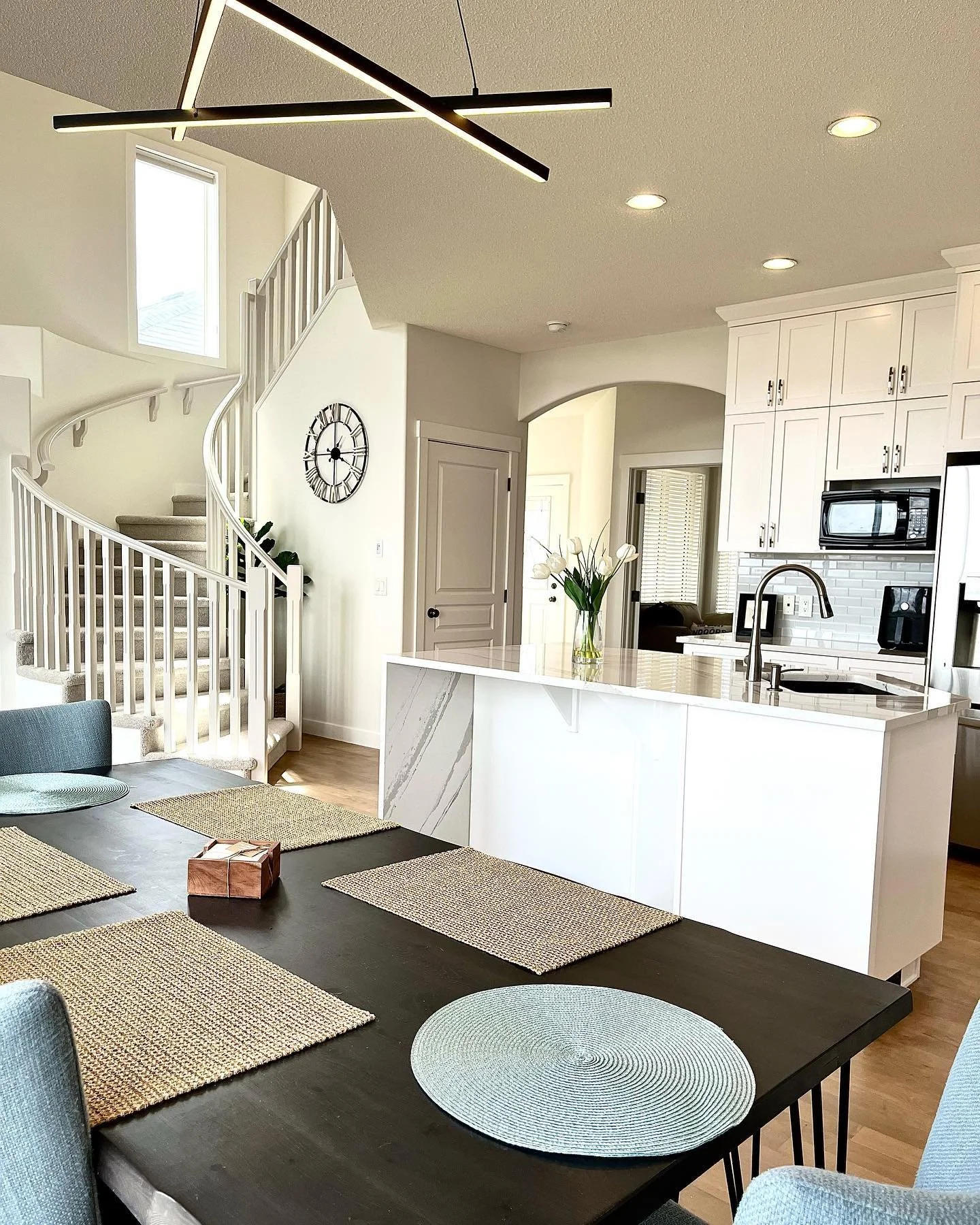 This renovation project was a great example of creating a &ldquo;new&rdquo; home with minimal amount of typical renovation waste. 

Instead of demolition of the hardwood,spindles/rails and cabinets- all were re-finished instead. This greatly reduces 