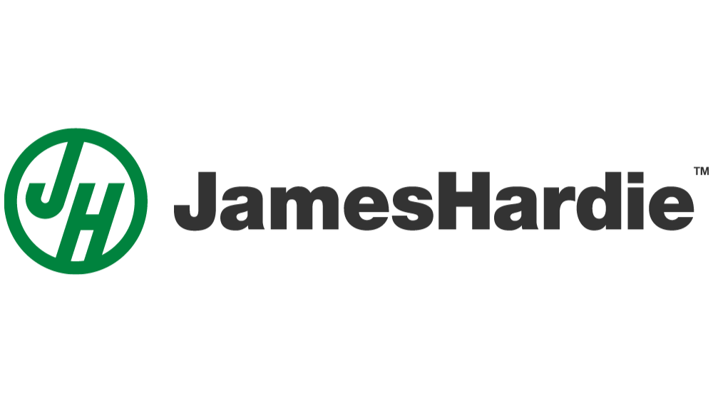 Logo of James Hardie, featuring a green circular emblem with intertwined initials 'JH' and the company name in black text.