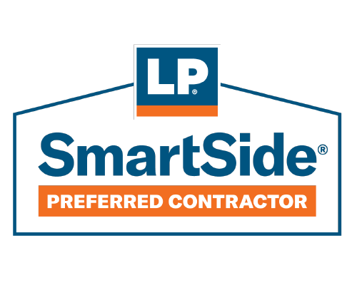 LP SmartSide Preferred Contractor logo with blue, orange, and white colors.