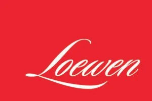 Logo with the word 'Loewen' in white cursive font on a red background.
