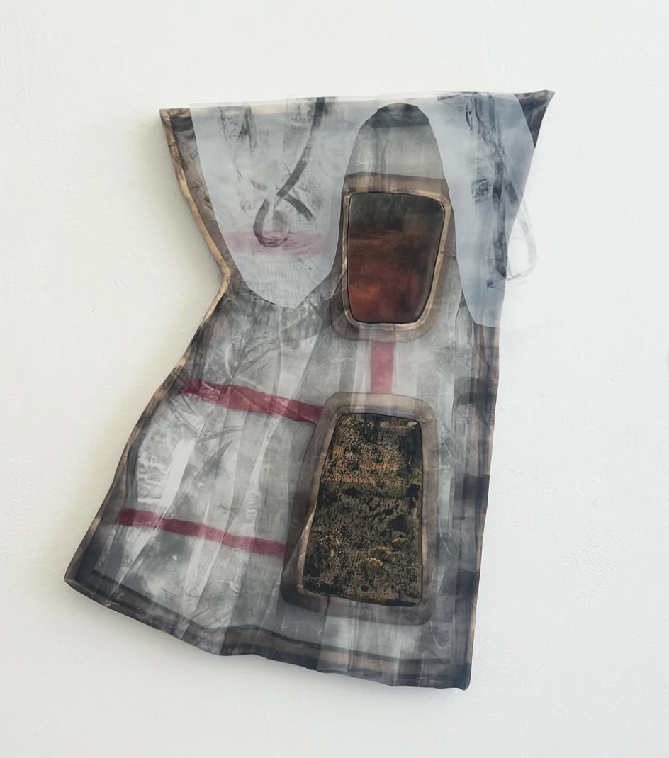 Rose Holtermann, Slip, 2026, acrylic on silk, photo transfer and gouache on wood, spray painted steel, wood