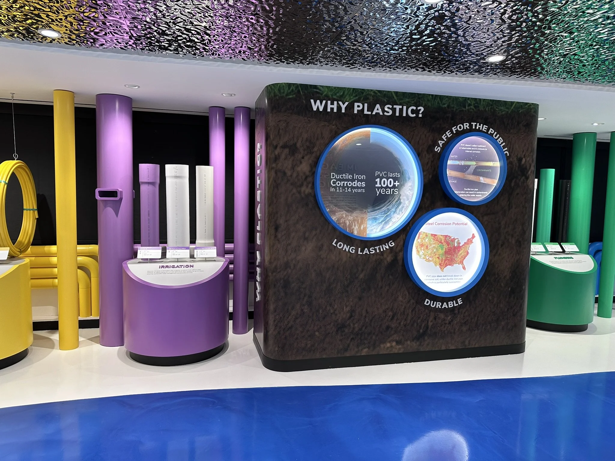 Area focused on PVC pipes in different markets with featured "Why Plastic" story.
Image Credit: Bridgewater Studio