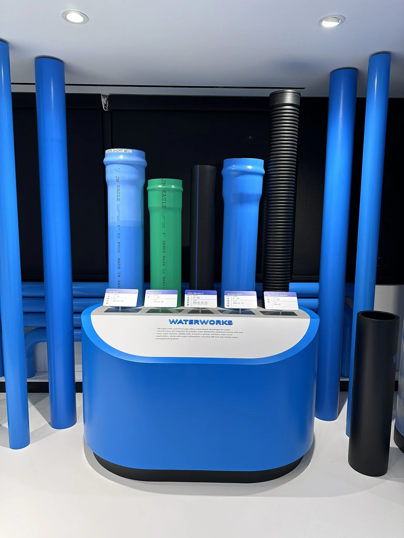 Product pedestal highlighting water PVC pipe products.
Image credit: Bridgewater Studio