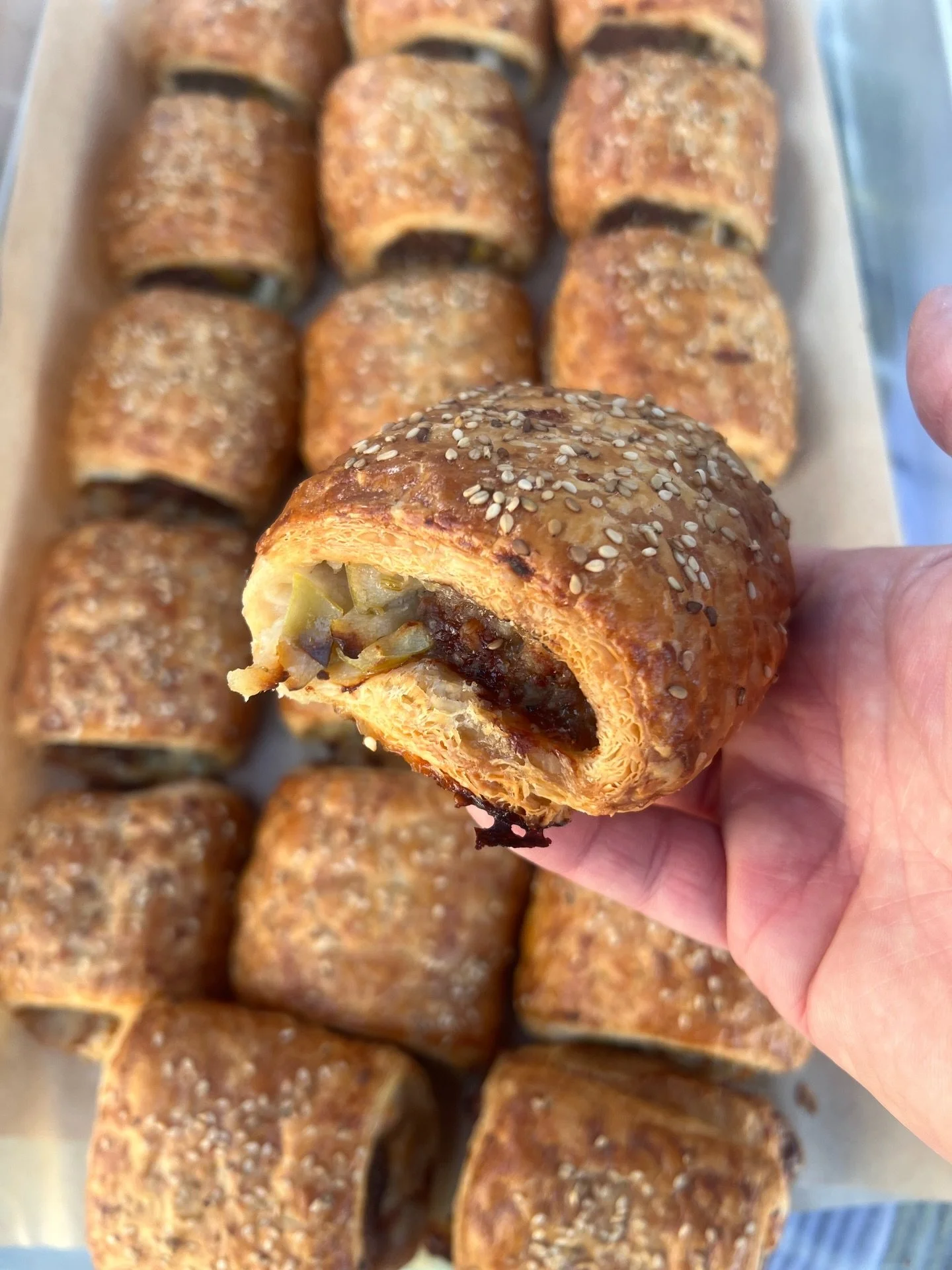 Saturday Market 1/24

We&rsquo;ve got fresh apple sausage rolls this morning, paired with a sweet and tangy maple dijonnaise dipping sauce.

The morning buns are back&mdash;bigger and better than last week!

&ldquo;Pizza bread&rdquo; is on special to