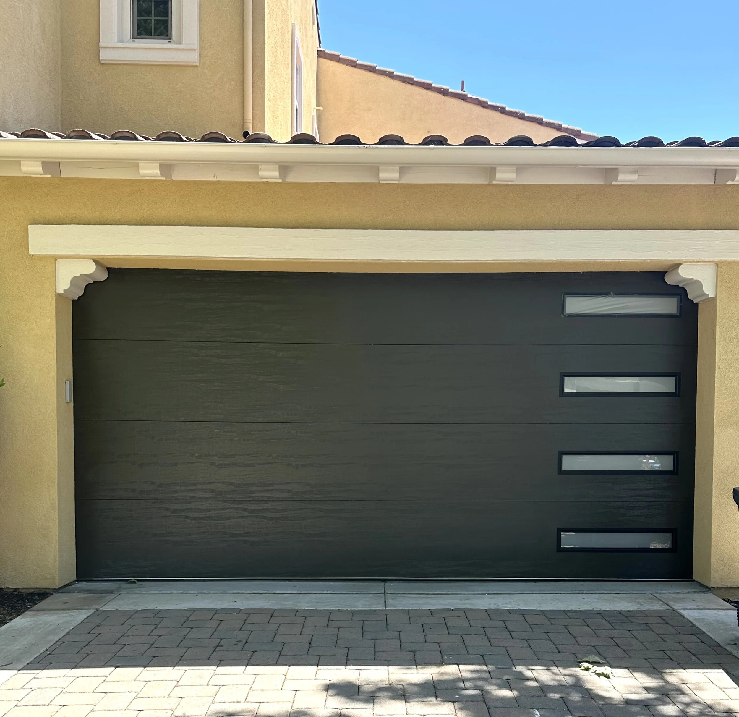 Modern Steel flush panel textured design in mocha brown with insulated frosted glass slim windows