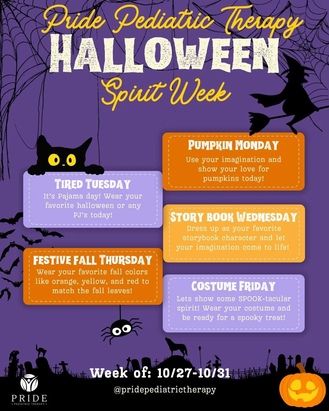 👻 Halloween Spirit Week is almost here at PPT 🎃🕸️

We&rsquo;re getting into the spooky spirit all week long - and we want our kiddos (and staff!) to join in on the fun! Each day will have a special theme leading up to Halloween (see below!) 🧡

Sp